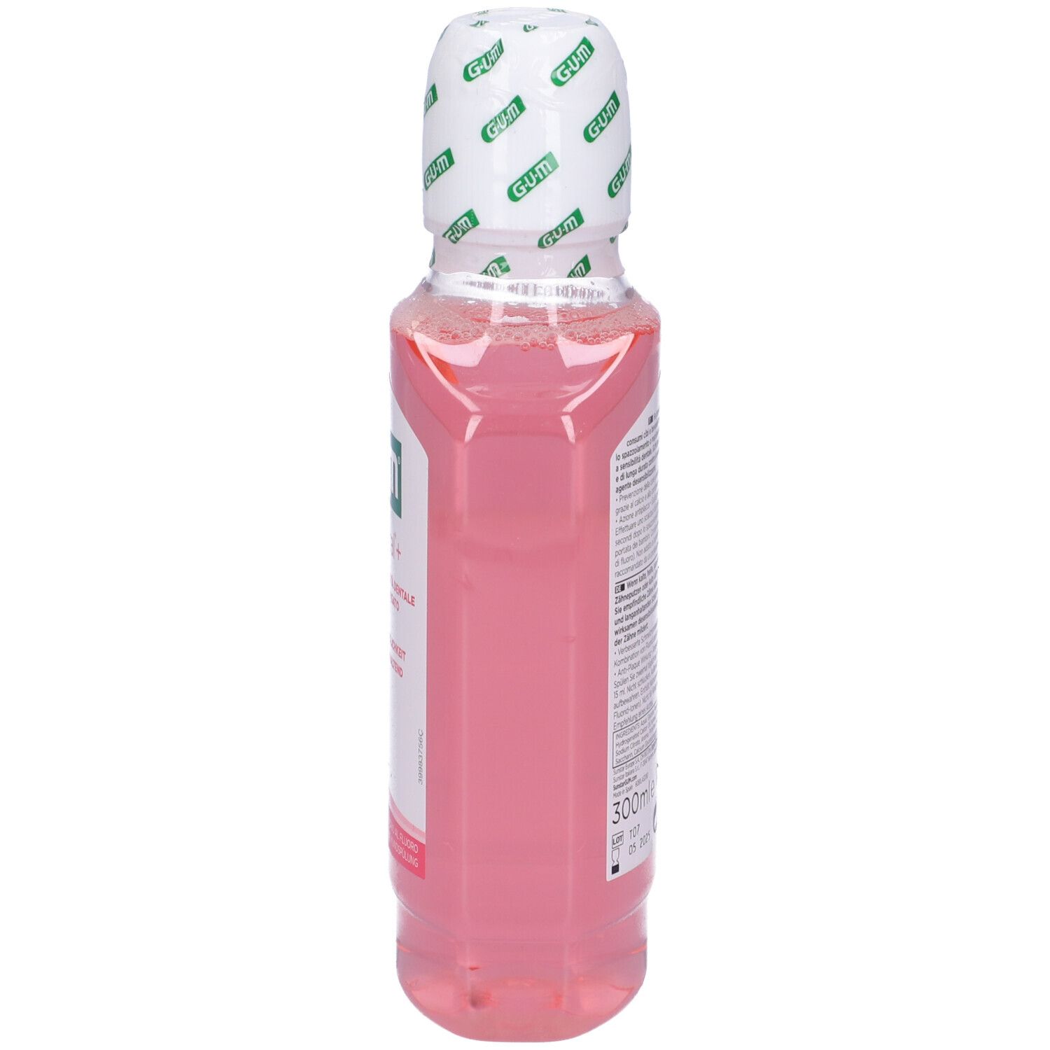 Bottiglia di collutorio G-U-M SensiVital+, vista laterale. Liquido rosa, tappo bianco, etichetta.