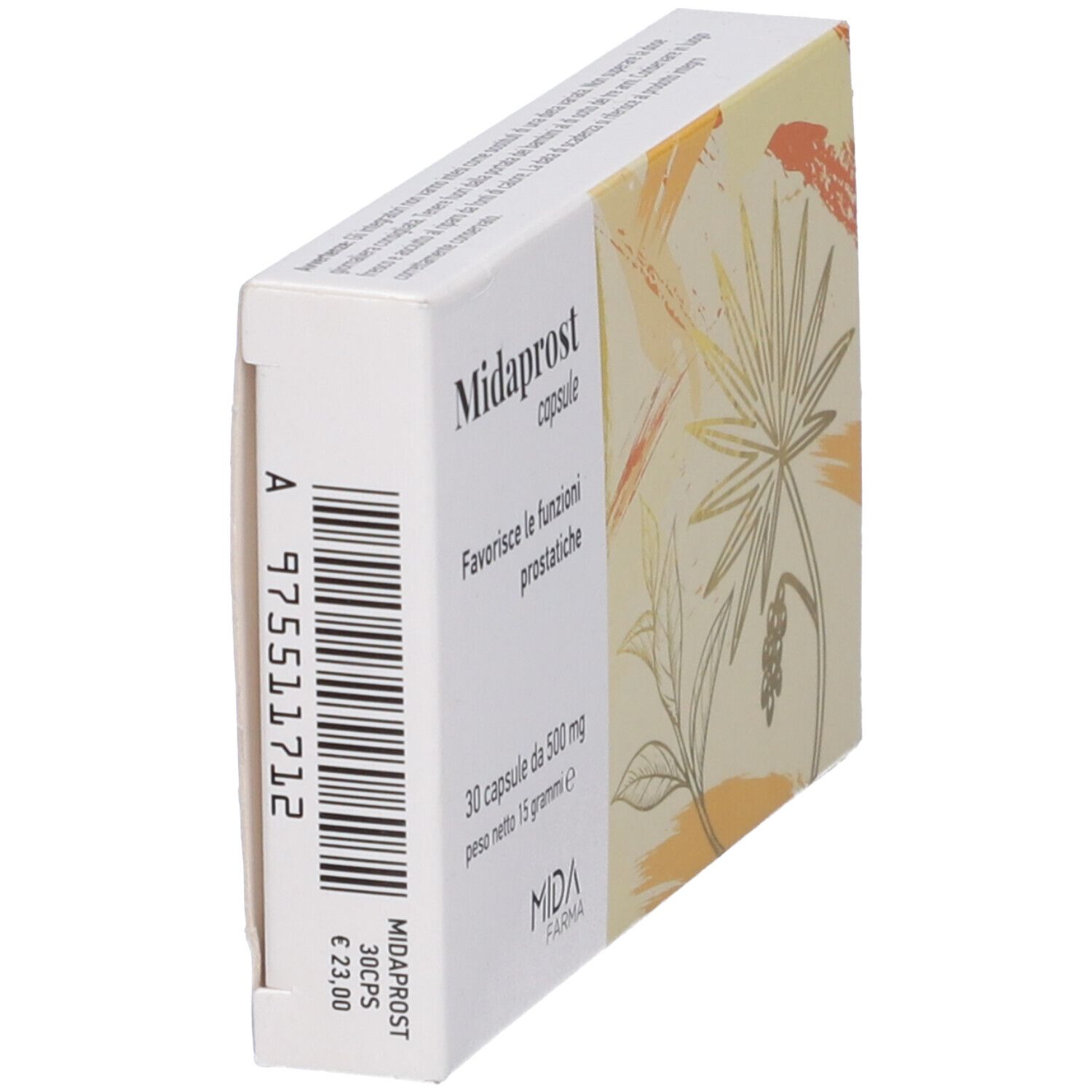 Scatola di capsule Midaprost. Codice a barre e prezzo. Scritta: 30 CPS. Logo MIDA FARMA. Motivo vegetale giallo-marrone.