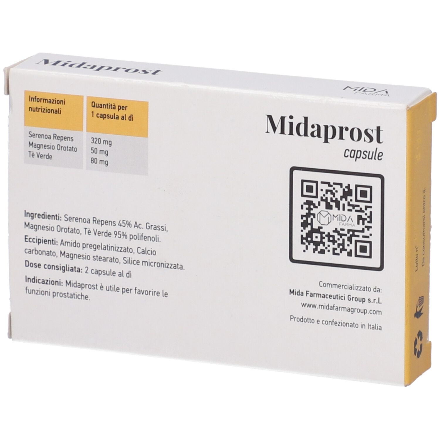 Scatola di capsule Midaprost. Elenco ingredienti e codice QR. Scritta: 2 capsule al giorno. Logo MIDA FARMA. Prodotto in Italia.
