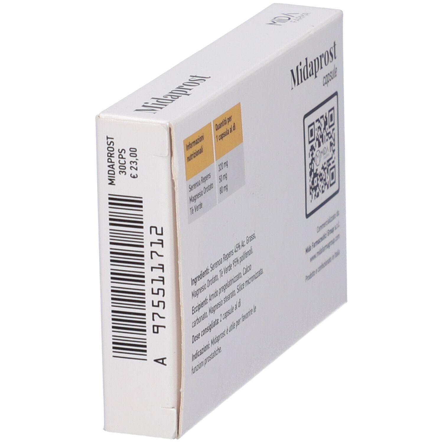 Scatola di capsule Midaprost. Elenco ingredienti e codice QR. Scritta: 2 capsule al giorno. Logo MIDA FARMA. Prodotto in Italia.