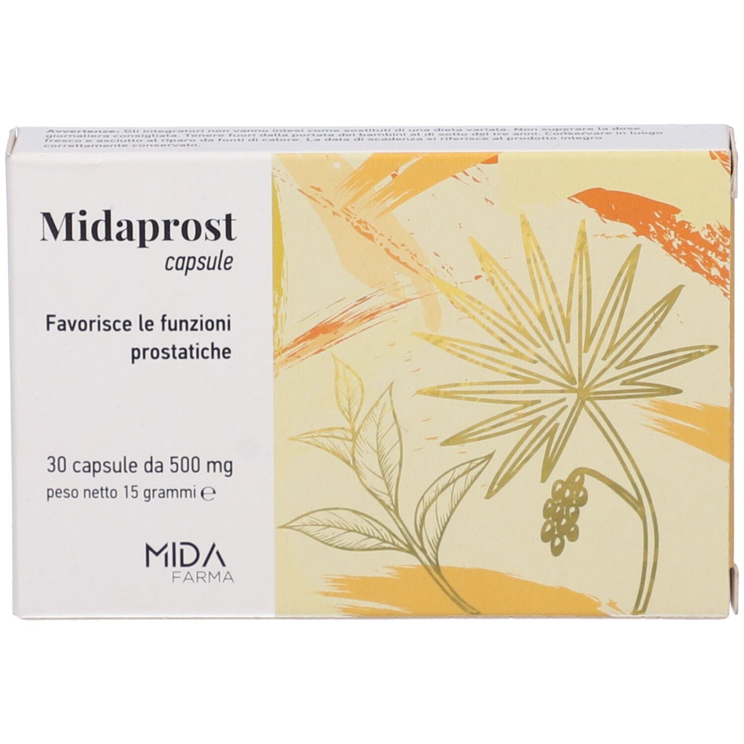 Scatola di capsule Midaprost. Scritta: 30 capsule, 500 mg, 15 grammi. Logo MIDA FARMA. Motivo vegetale giallo-marrone.