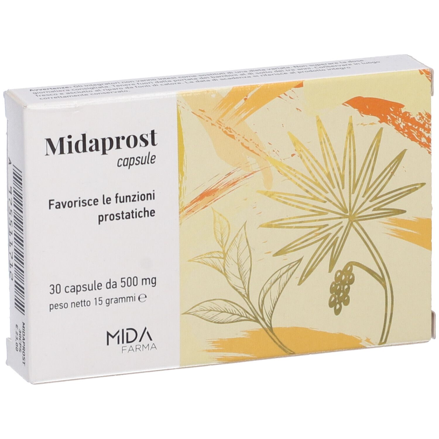Scatola di capsule Midaprost. Scritta: 30 capsule, 500 mg, 15 grammi. Logo MIDA FARMA. Motivo vegetale giallo-marrone.