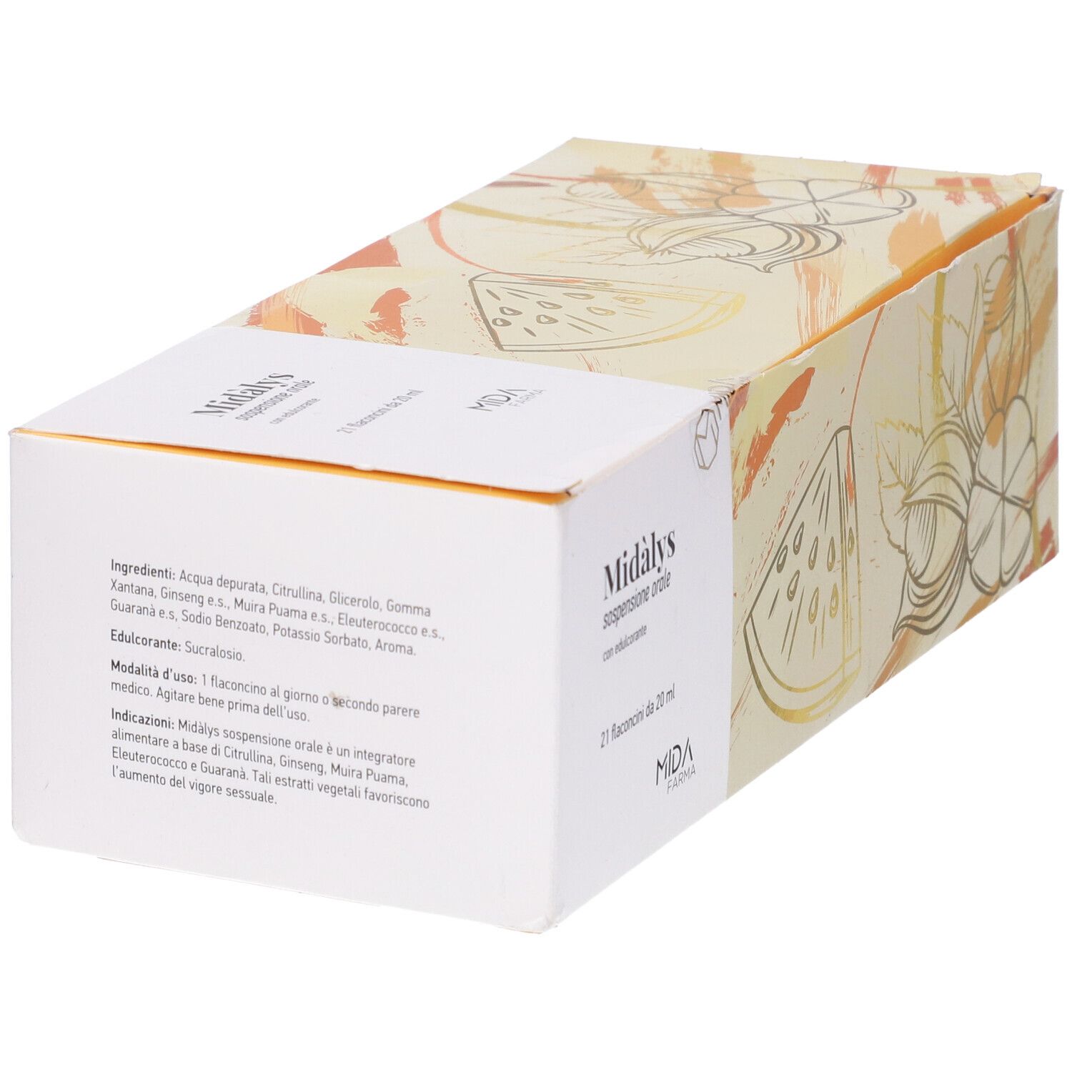 Scatola con elenco ingredienti e istruzioni. Scritta in italiano. Marchio Midalys, 21 flaconi da 20 ml.