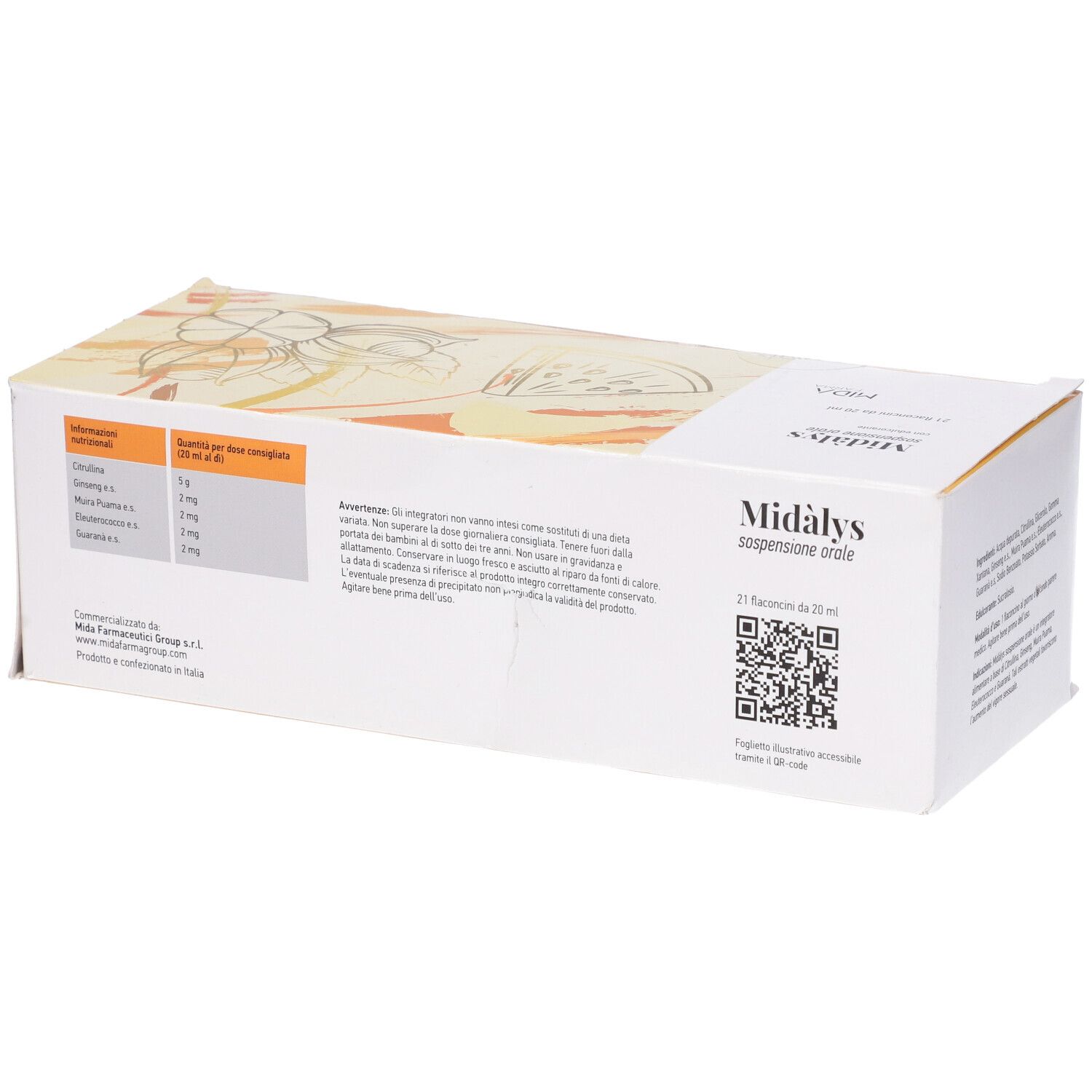 Scatola con informazioni nutrizionali e avvertenze. Scritta in italiano. Marchio Midalys, 21 flaconi da 20 ml.