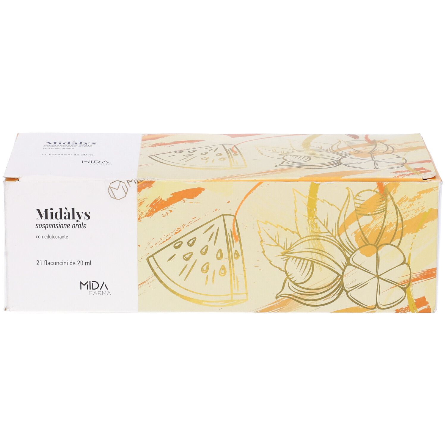 Scatola Midalys, 21 flaconi da 20 ml. Illustrazioni di frutta e noci. Logo Mida Pharma. Scritta in italiano.