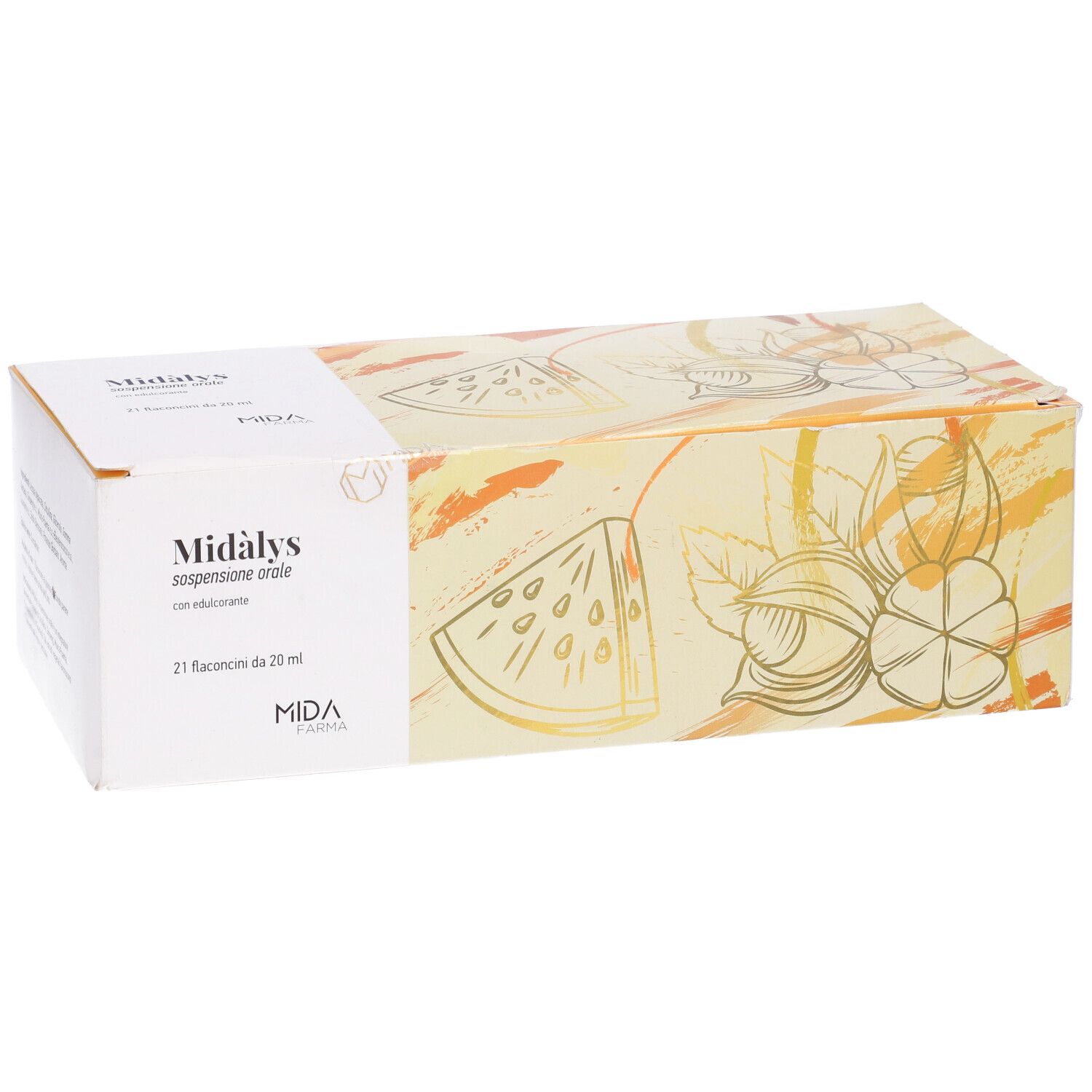 Scatola Midalys, 21 flaconi da 20 ml. Illustrazioni di frutta e noci. Logo Mida Pharma. Scritta in italiano.
