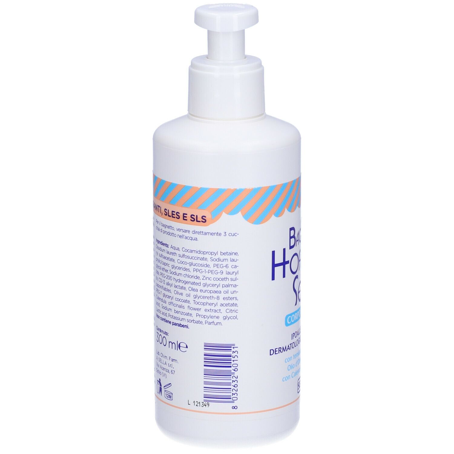 Retro di flacone bianco con dosatore. Testo: Ingredienti, 300 ml, codice a barre.