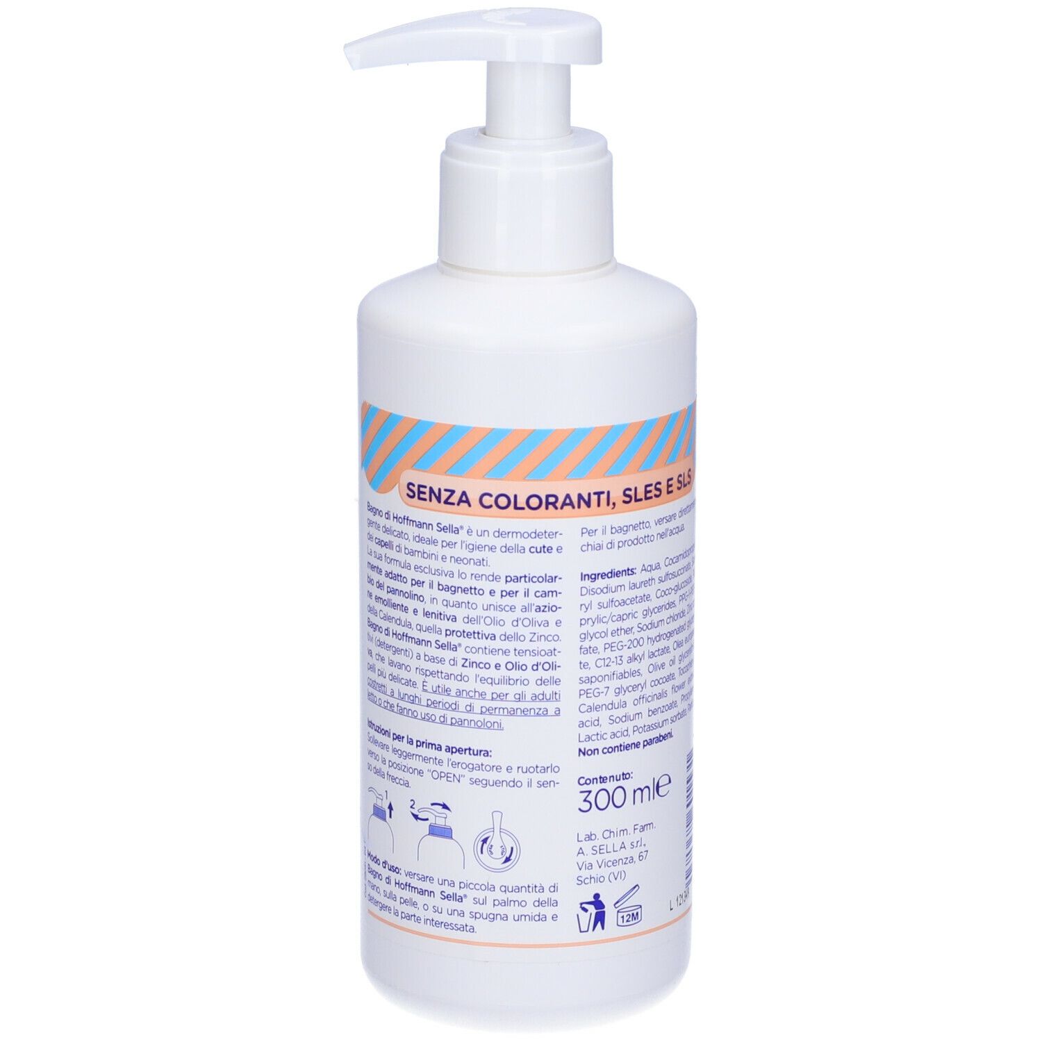 Retro di flacone bianco con dosatore. Testo: Senza coloranti, SLES e SLS, 300 ml.