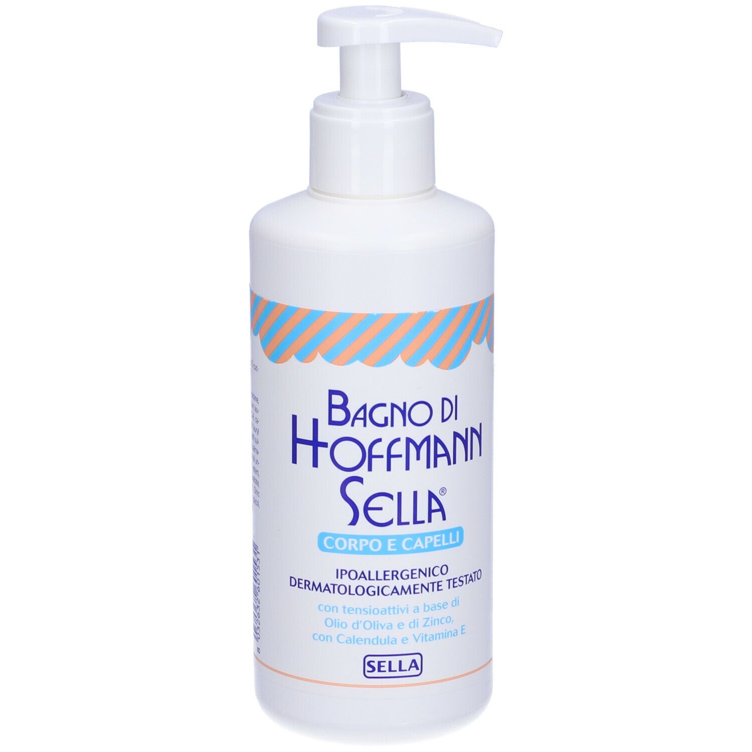 Flacone bianco con dosatore. Scritta: Bagno di Hoffmann Sella, Corpo e Capelli. Ipoallergenico.