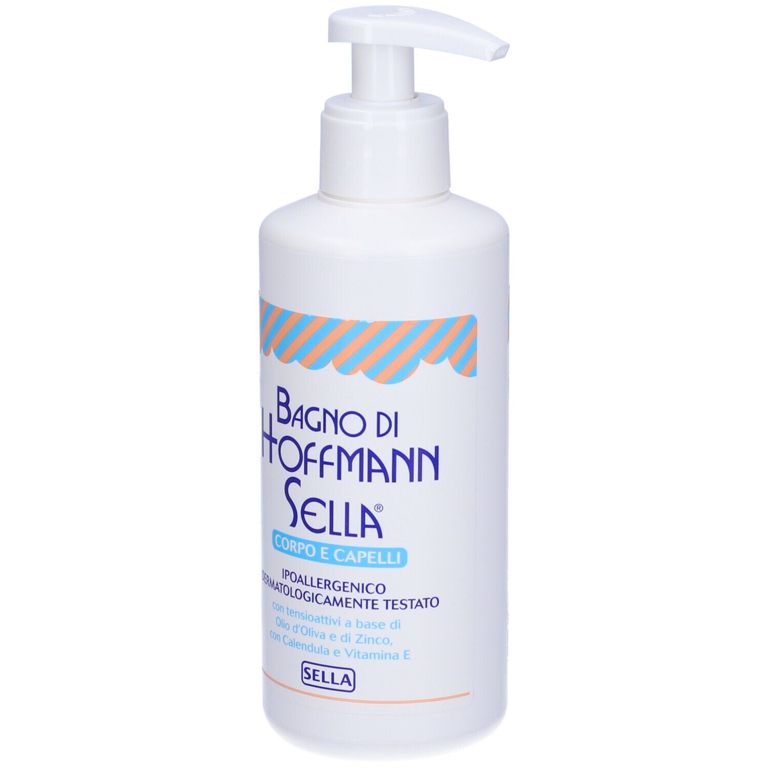 Flacone bianco con dosatore. Scritta: Bagno di Hoffmann Sella, Corpo e Capelli. Ipoallergenico.