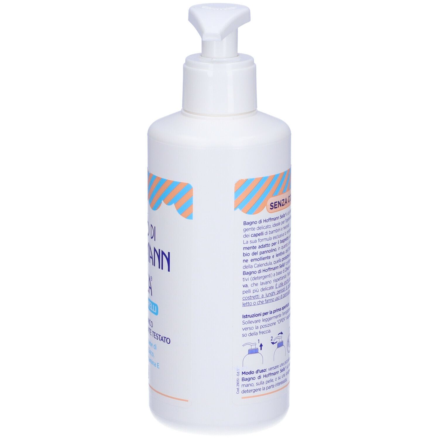 Retro di flacone bianco con dosatore. Testo: Senza coloranti, SLES e SLS, 300 ml.