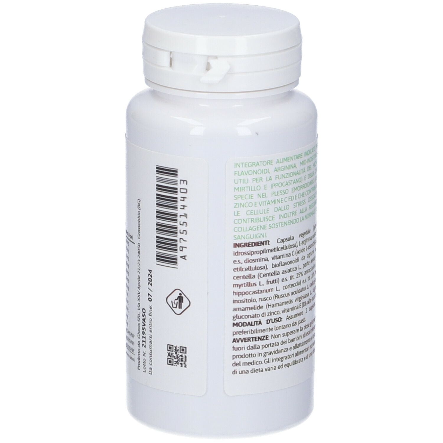 Flacone bianco con capsule. Etichetta con ingredienti e informazioni. Codice QR e numero di lotto.