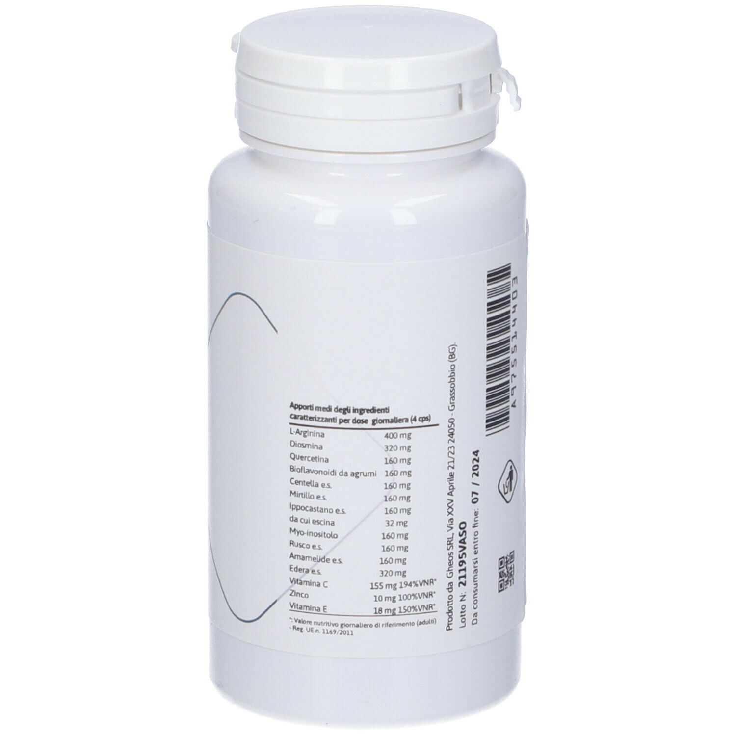 Flacone bianco con capsule. Etichetta con informazioni nutrizionali. Elenco ingredienti in mg.