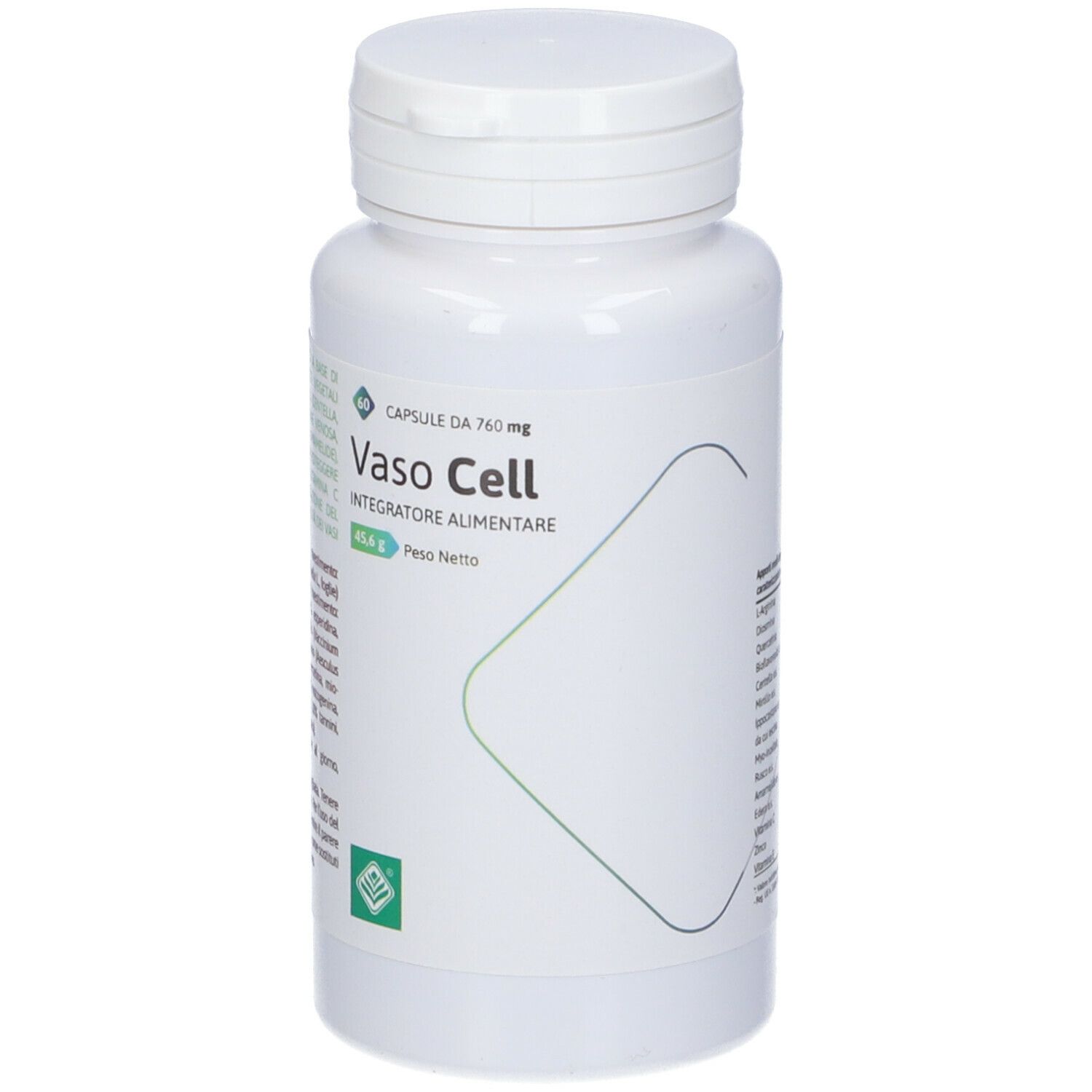 Flacone bianco con capsule. Scritta Vaso Cell. Logo verde. Peso: 45,6 g. Capsule 760 mg.