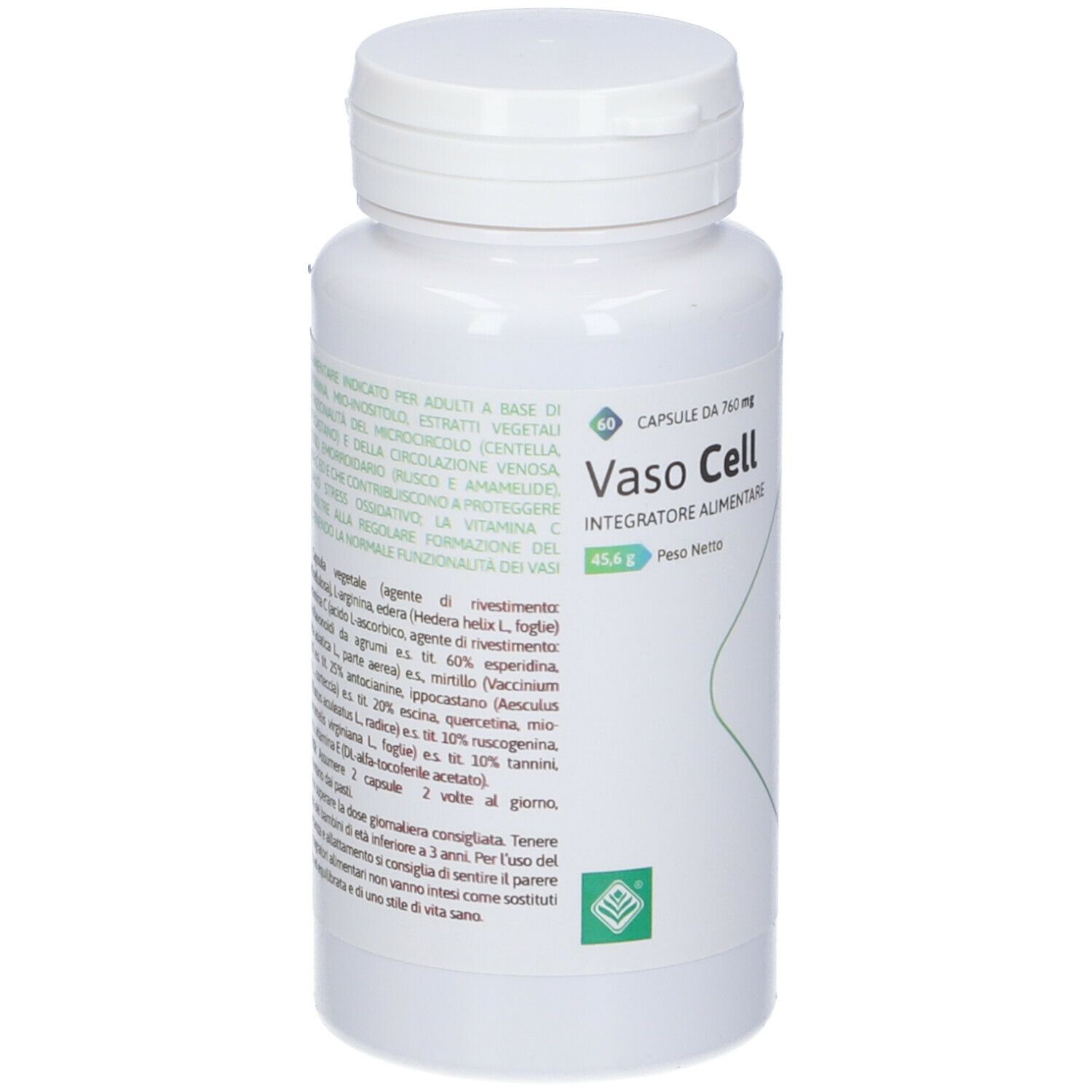Flacone bianco con capsule. Scritta Vaso Cell. Logo verde. 60 capsule. Peso: 45,6 g.