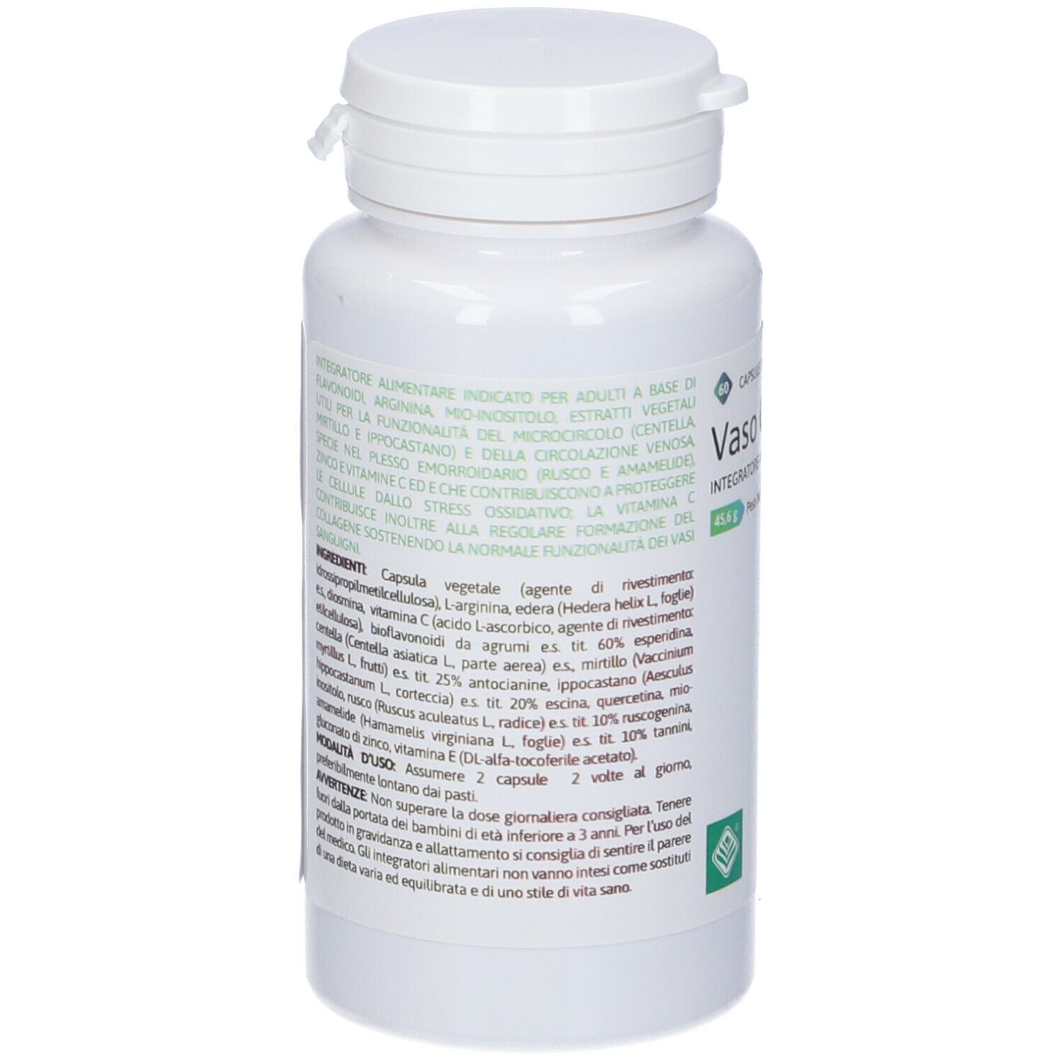 Flacone bianco con capsule. Scritta Vaso Cell. Etichetta con ingredienti e informazioni. Logo verde.