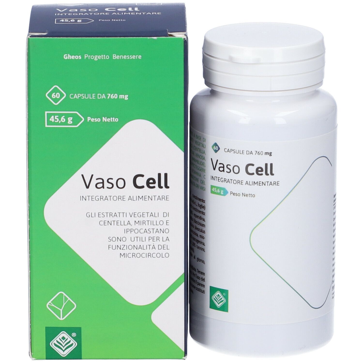 Confezione e flacone Vaso Cell. Scatola verde e flacone bianco. Scritta Vaso Cell. 60 capsule.