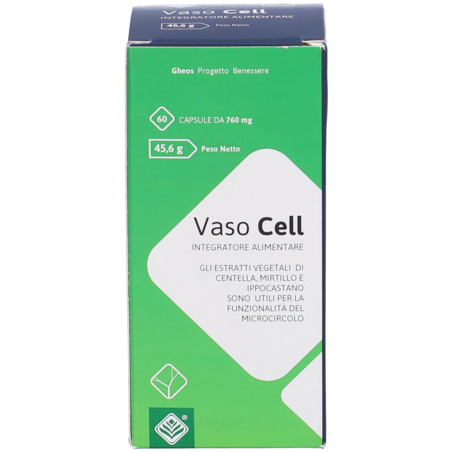 Scatola verde con scritta Vaso Cell. 60 capsule. Peso: 45,6 g. Testo sugli ingredienti.