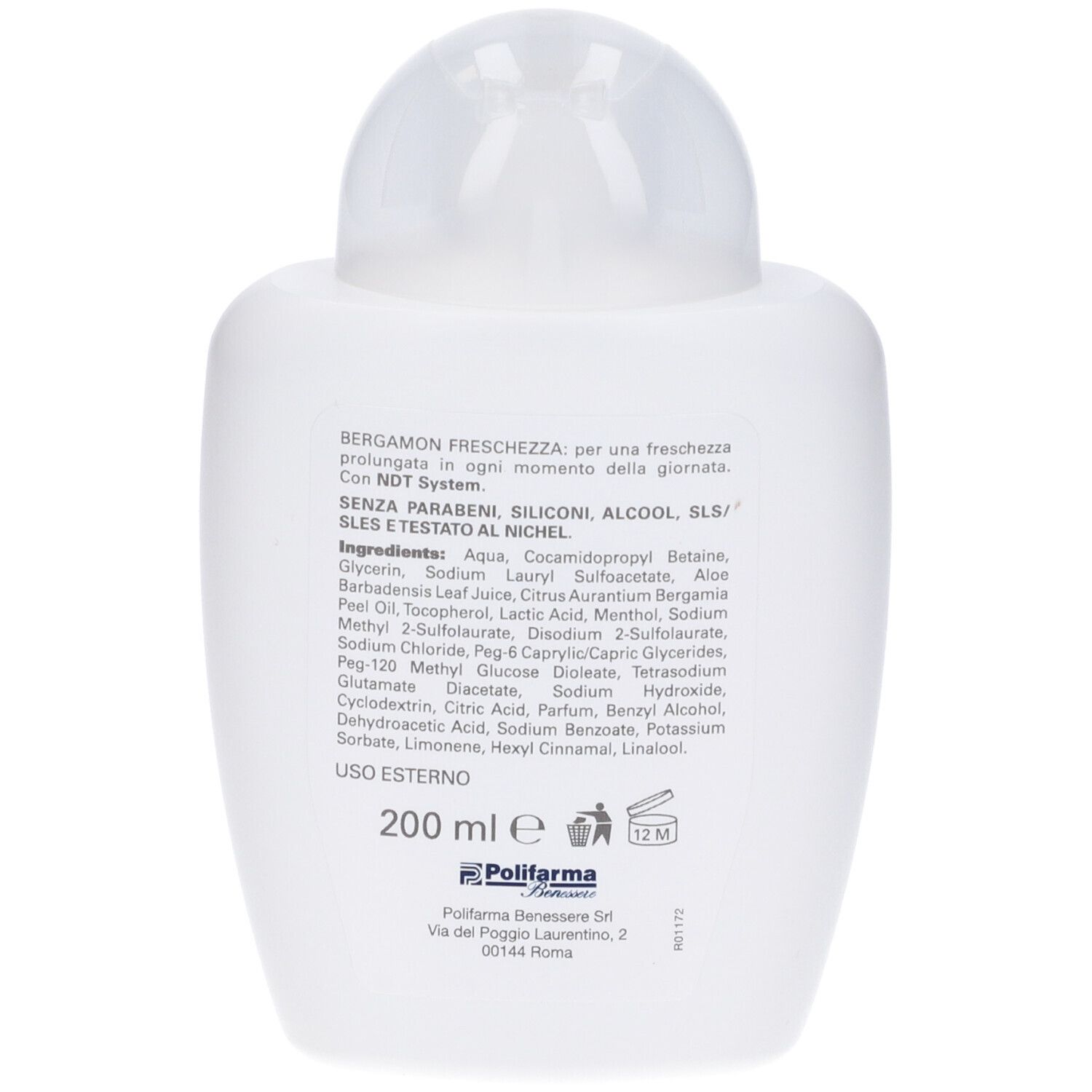 Retro flacone bianco. Testo con ingredienti e informazioni produttore. 200 ml. Durata 12M.