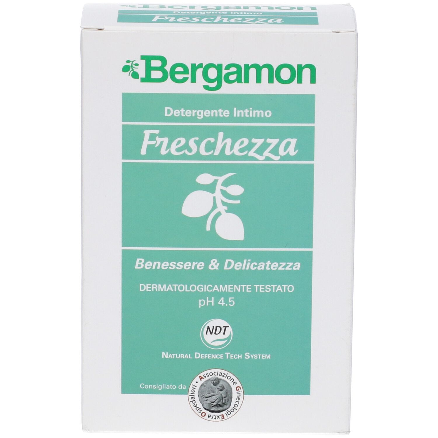 Confezione bianca. Etichetta turchese con nome prodotto e logo. Testo: pH 4,5. Dermatologicamente testato.