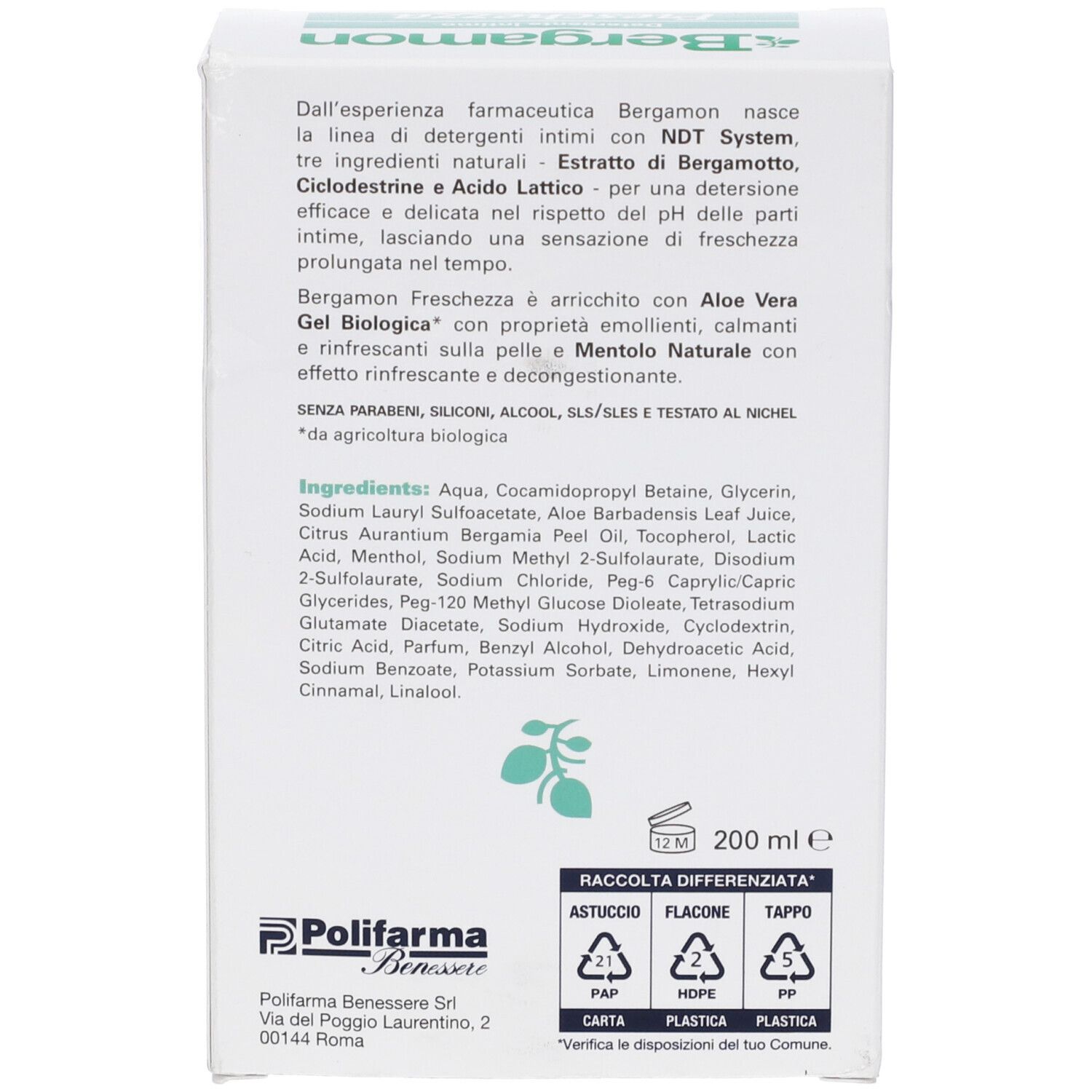 Retro della confezione. Testo con ingredienti e informazioni produttore. 200 ml. Durata 12M.