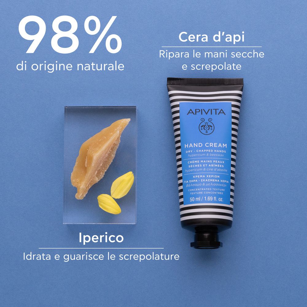 Tubo di crema mani e ingredienti su sfondo blu. Testo: 98% di origine naturale. Fumetti: Iperico, cera d'api.