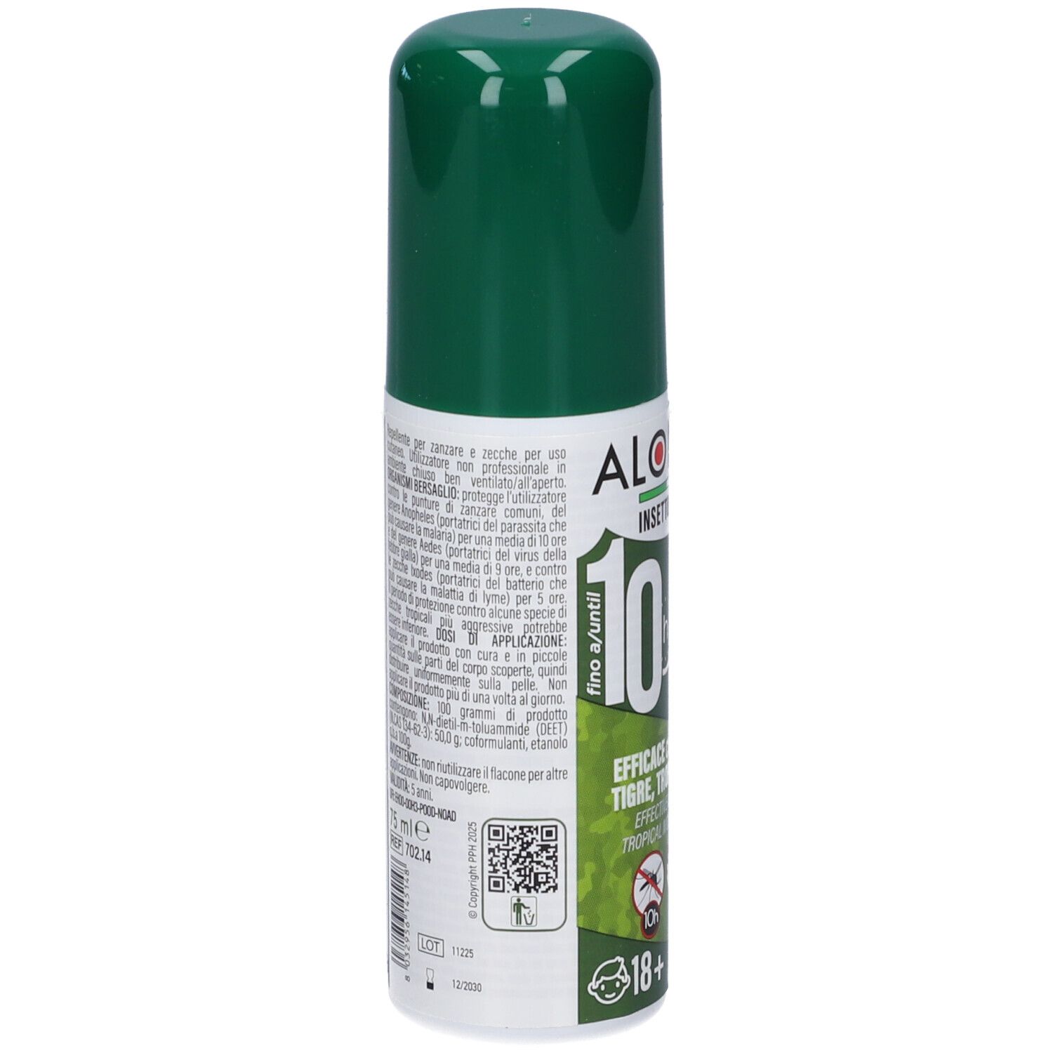 Retro del flacone spray verde. Informazioni testuali e codice QR sull'etichetta bianca. Avvertenze e ingredienti.