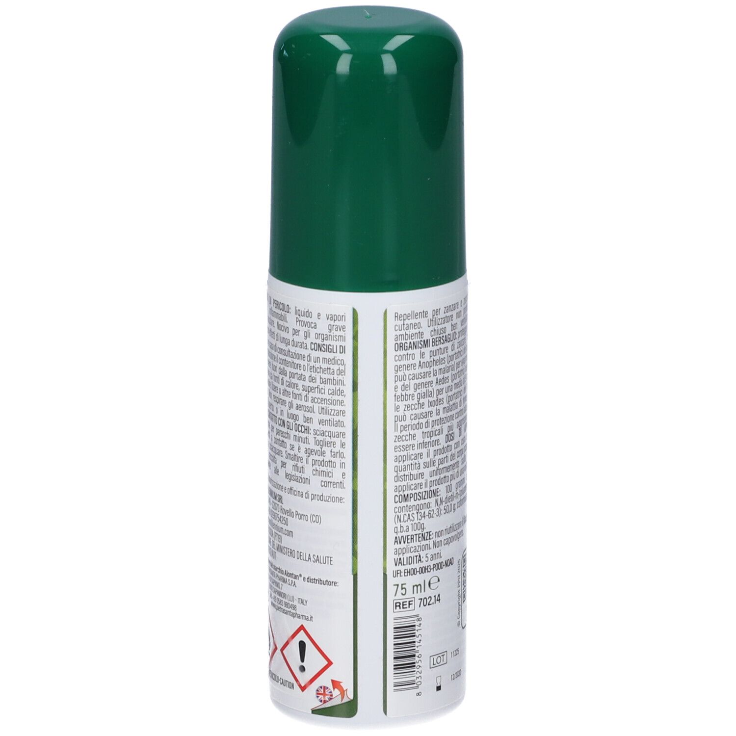 Retro del flacone spray verde. Informazioni testuali, avvertenze e ingredienti sull'etichetta bianca. 75 ml.