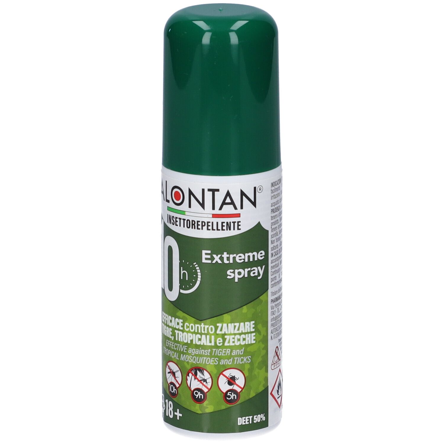 Flacone spray verde con etichetta bianca. Scritta: ALONTAN Insettorepellente, spray estremo. Efficace contro zanzare e zecche.