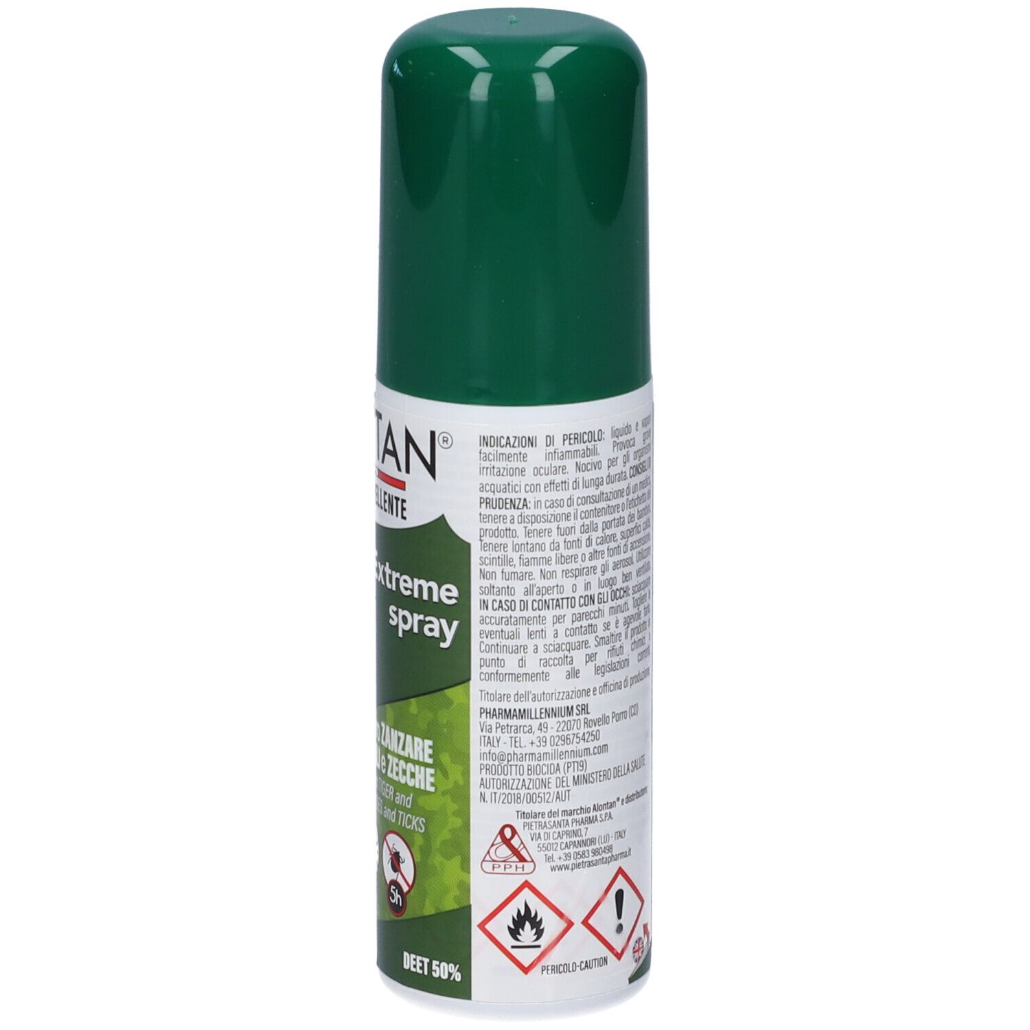 Retro del flacone spray verde. Informazioni testuali e avvertenze sull'etichetta bianca. Simboli di pericolo.