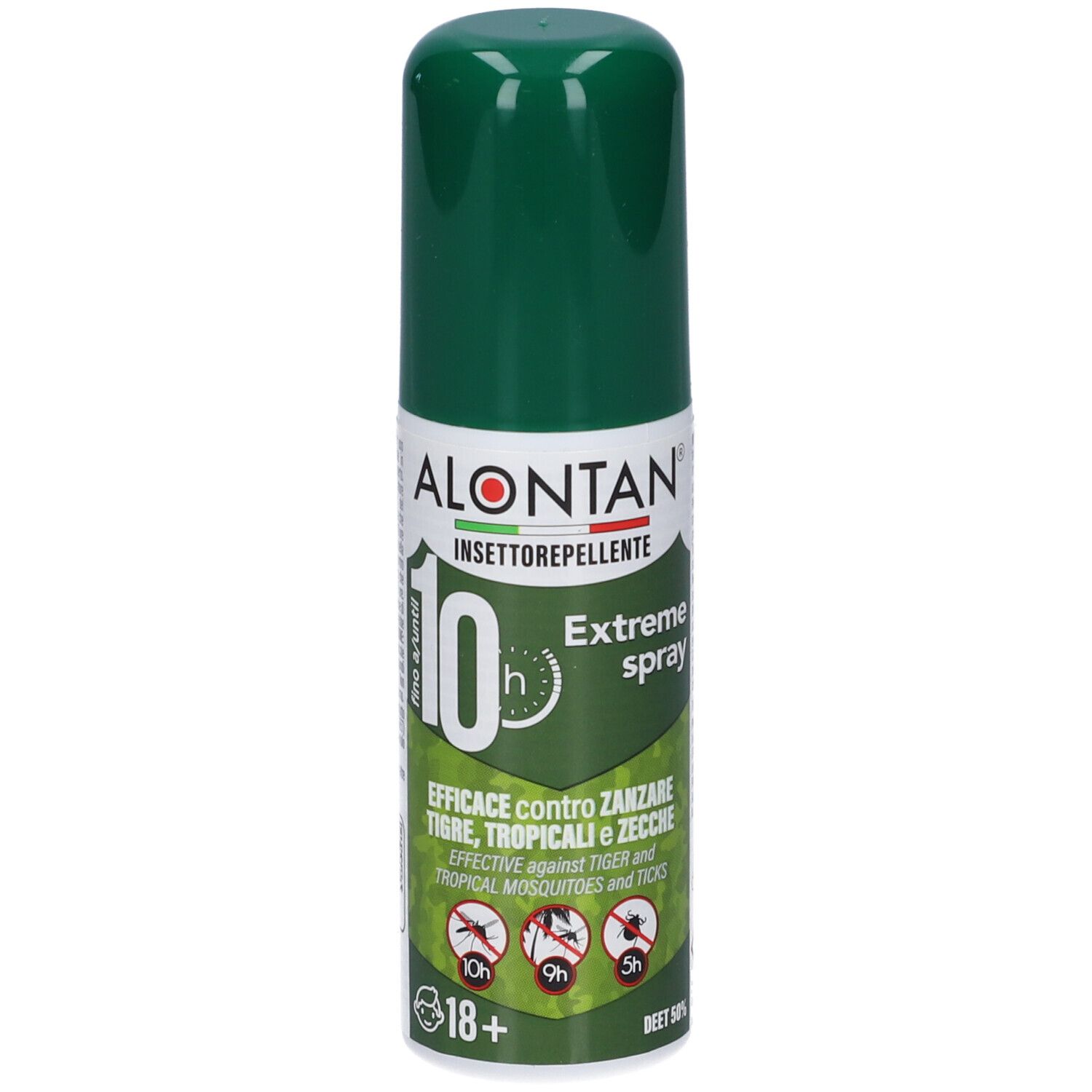 Flacone spray verde con etichetta bianca. Scritta: ALONTAN Insettorepellente, spray estremo. Efficace contro zanzare e zecche.