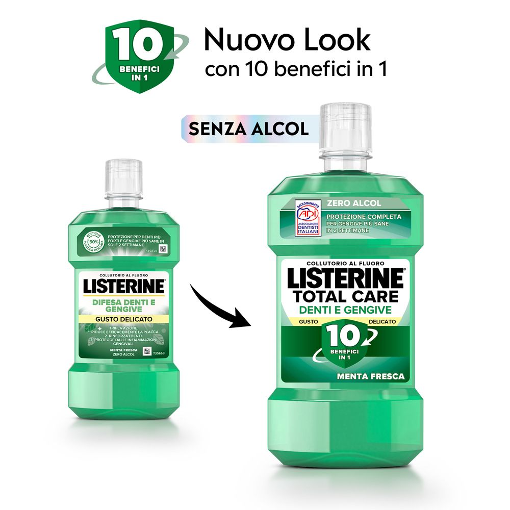 Collutorio LISTERINE®, flacone verde. Scritta: 10 Benefici in 1. Confronto con il vecchio flacone.