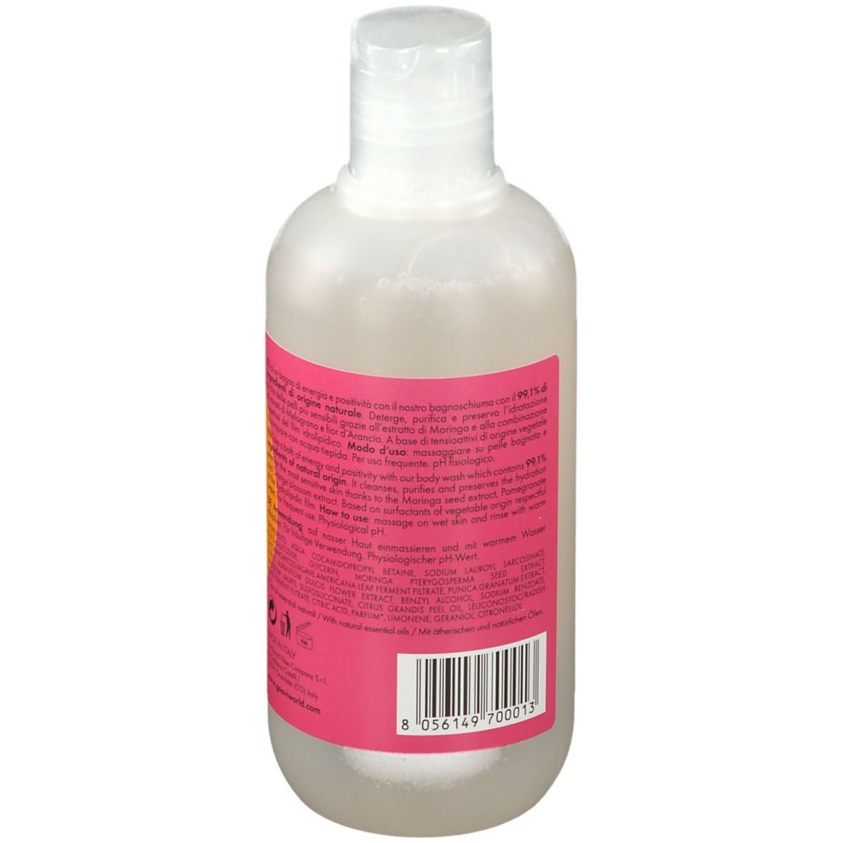 Retro della bottiglia di bagnoschiuma Goovi. Etichetta rosa con testo e informazioni. Codice a barre in basso.