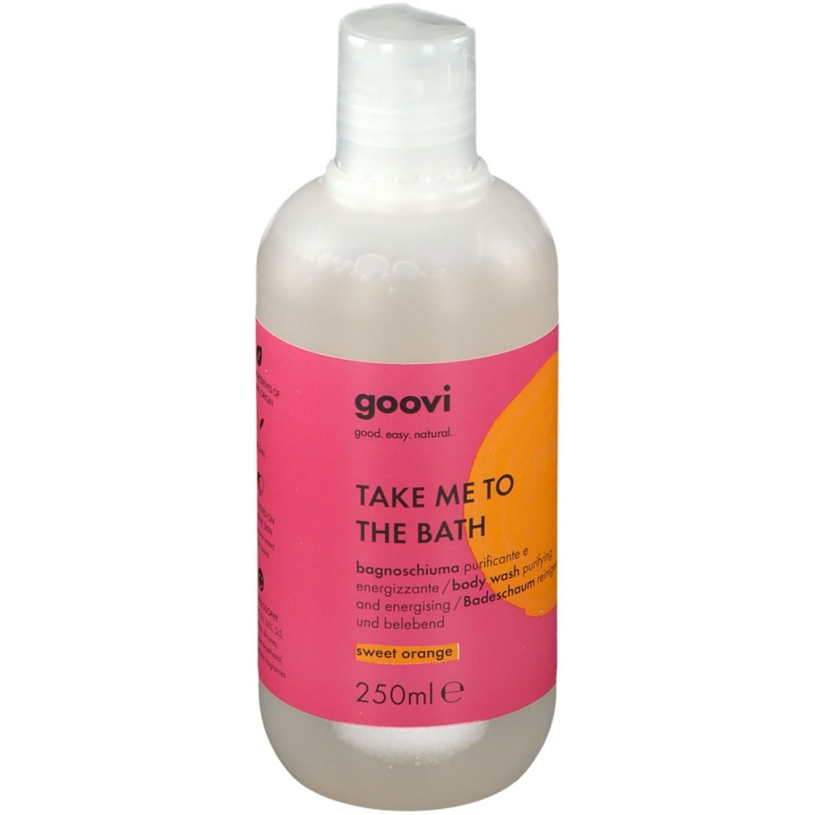 Bagnoschiuma Goovi Take Me To The Bath. Bottiglia con tappo bianco ed etichetta rosa. Testo: Take Me To The Bath, Sweet Orange, 250ml.