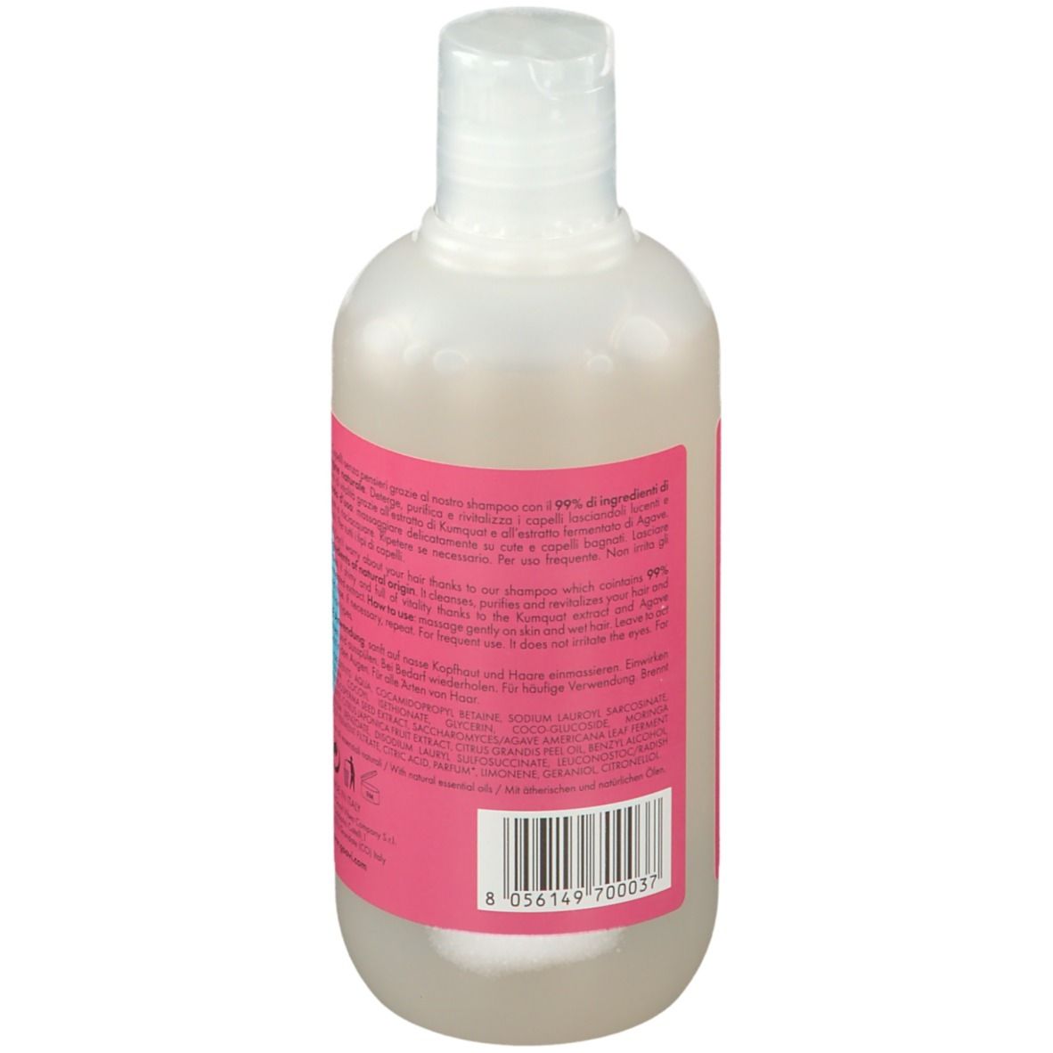 Retro della bottiglia di shampoo Goovi. Etichetta rosa con testo e codice a barre. Contiene informazioni sul prodotto.