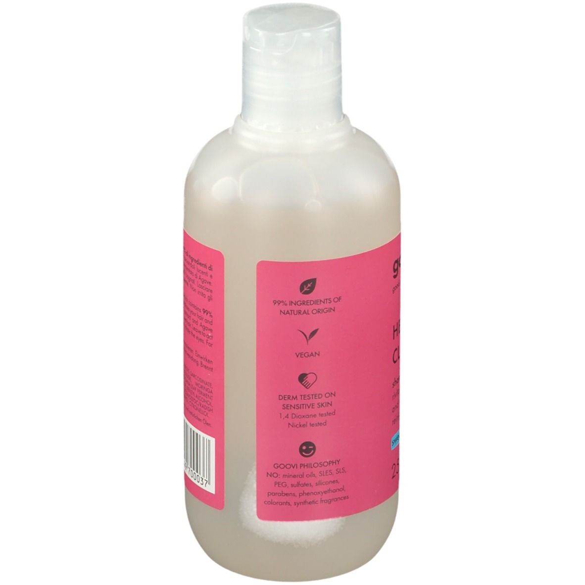 Goovi Shampoo Head In The Clouds. Bottiglia con etichetta rosa, cerchio blu e testo. Contiene 250ml. Arancia dolce.
