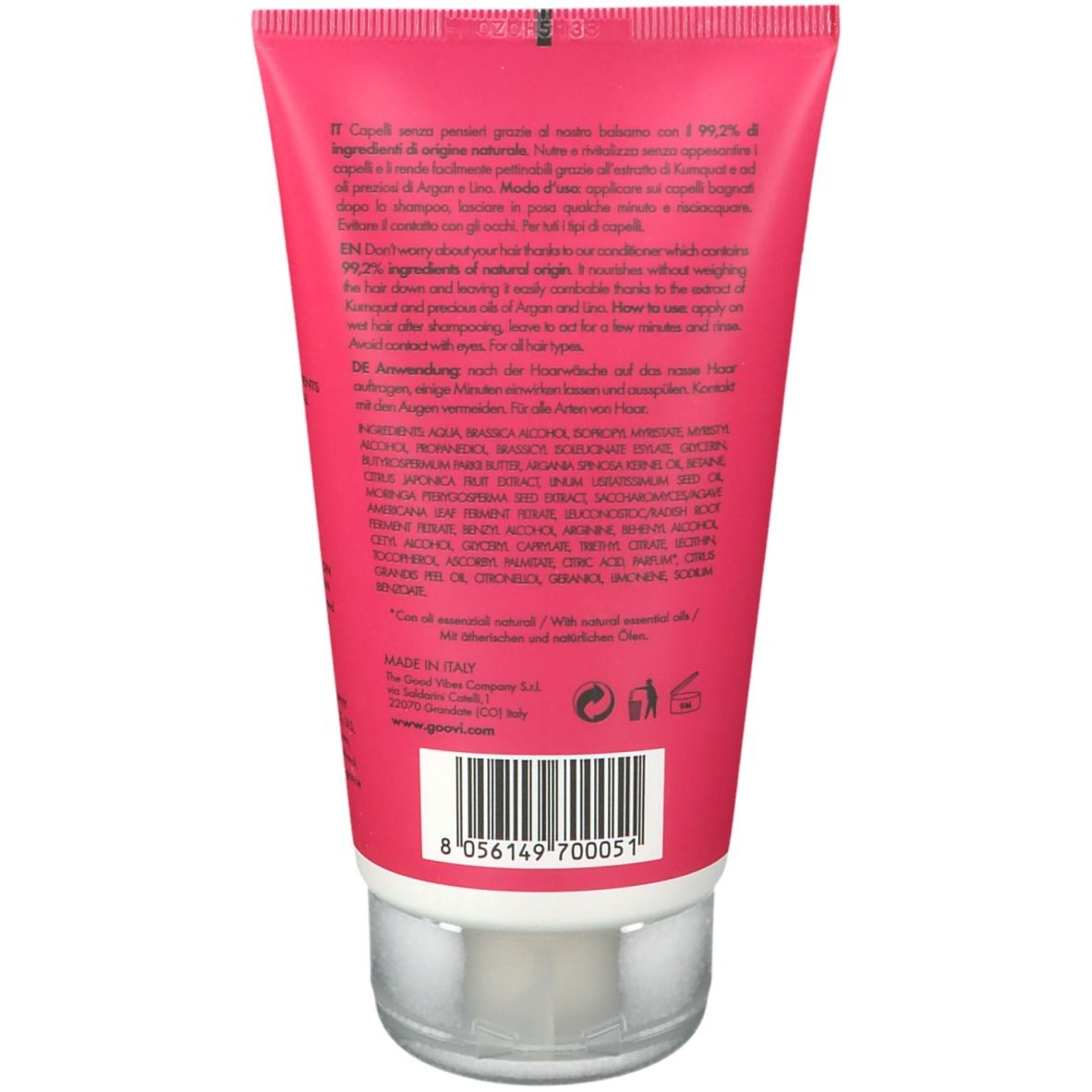 Retro del tubo rosa. Testo multilingue. Ingredienti, istruzioni per l'uso, codice a barre.