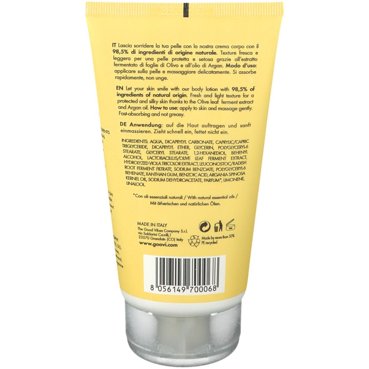 Retro del tubo. Testo multilingue. Ingredienti e informazioni produttore. Simbolo di riciclo.