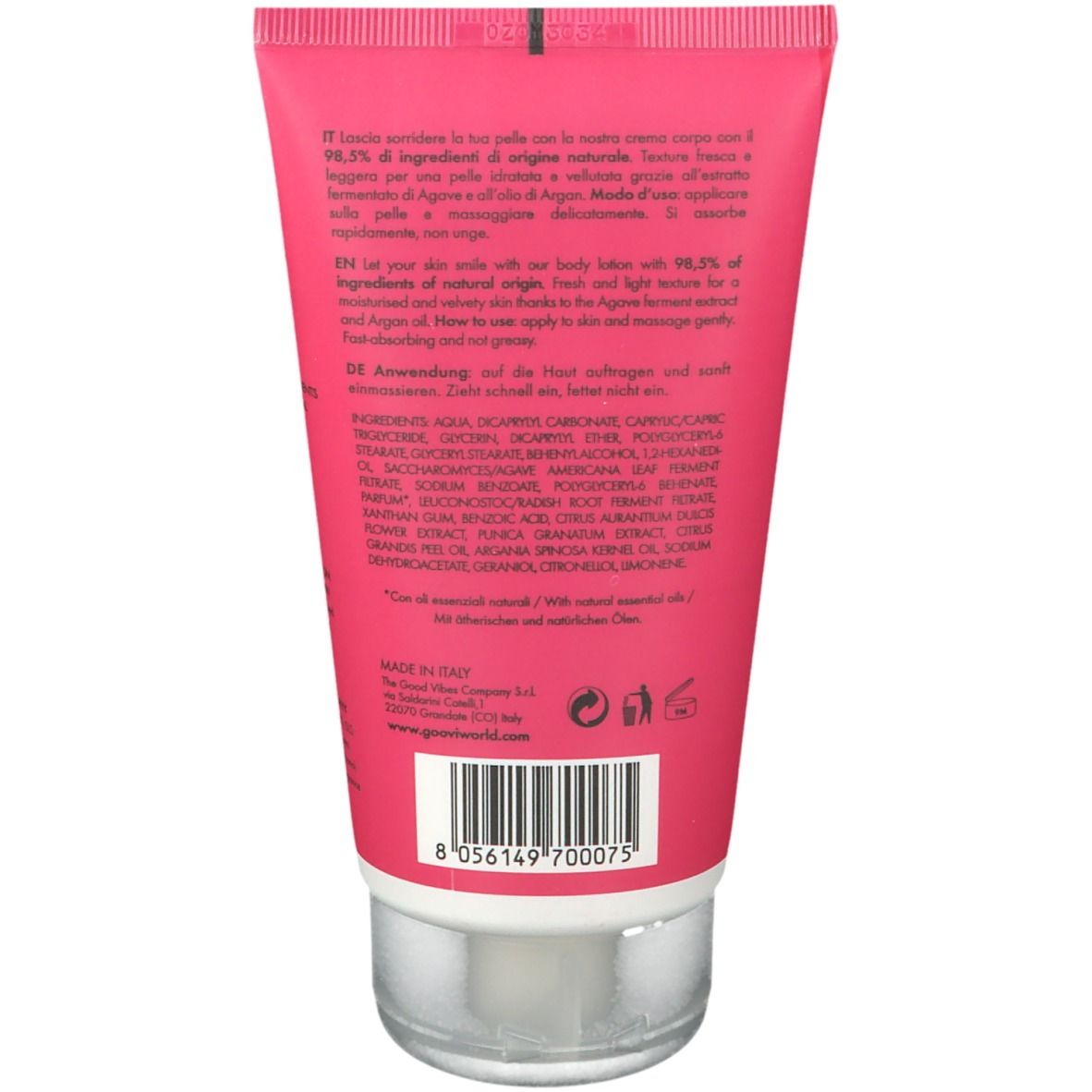 Retro del tubo. Testo multilingue. Ingredienti e informazioni del produttore. Codice a barre in basso.