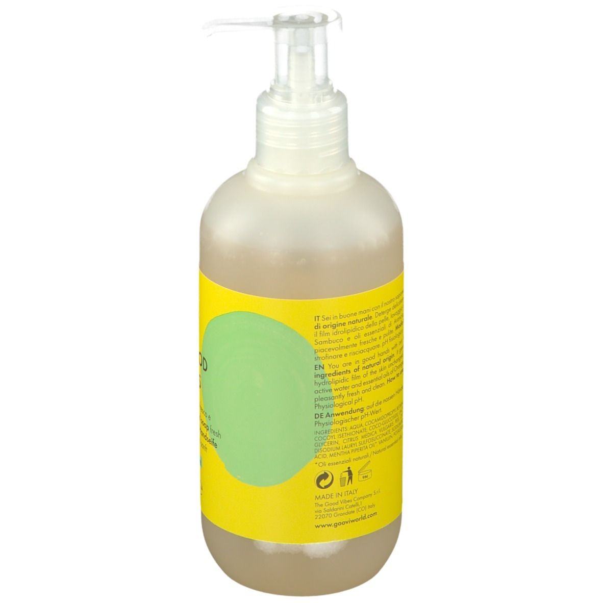 Retro del sapone liquido. Etichetta gialla con testo e cerchio verde. Flacone trasparente con dispenser.