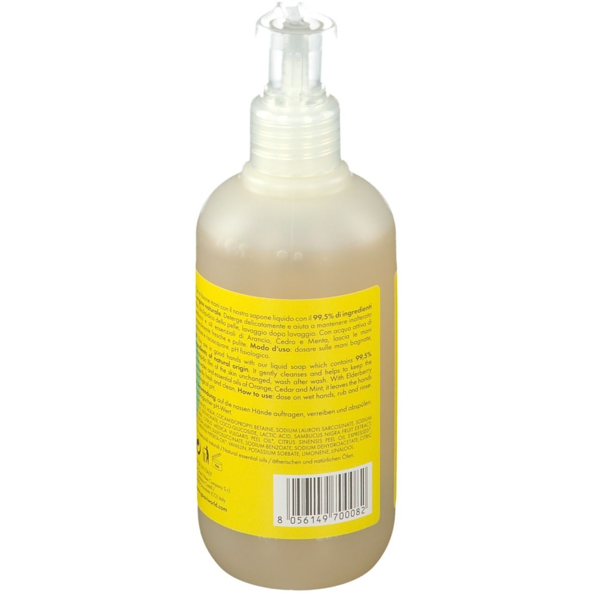 Retro del sapone liquido. Etichetta gialla con testo e cerchio verde. Flacone trasparente con dispenser.