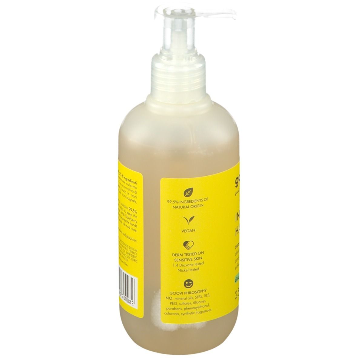 Retro del sapone liquido. Etichetta gialla con testo e loghi verdi. Flacone trasparente con dispenser.