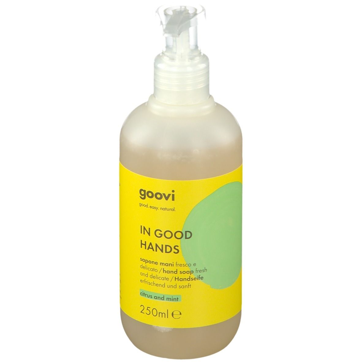 Sapone liquido con dispenser. Etichetta gialla con "Goovi", "IN GOOD HANDS", "Citrus and mint". 250ml.