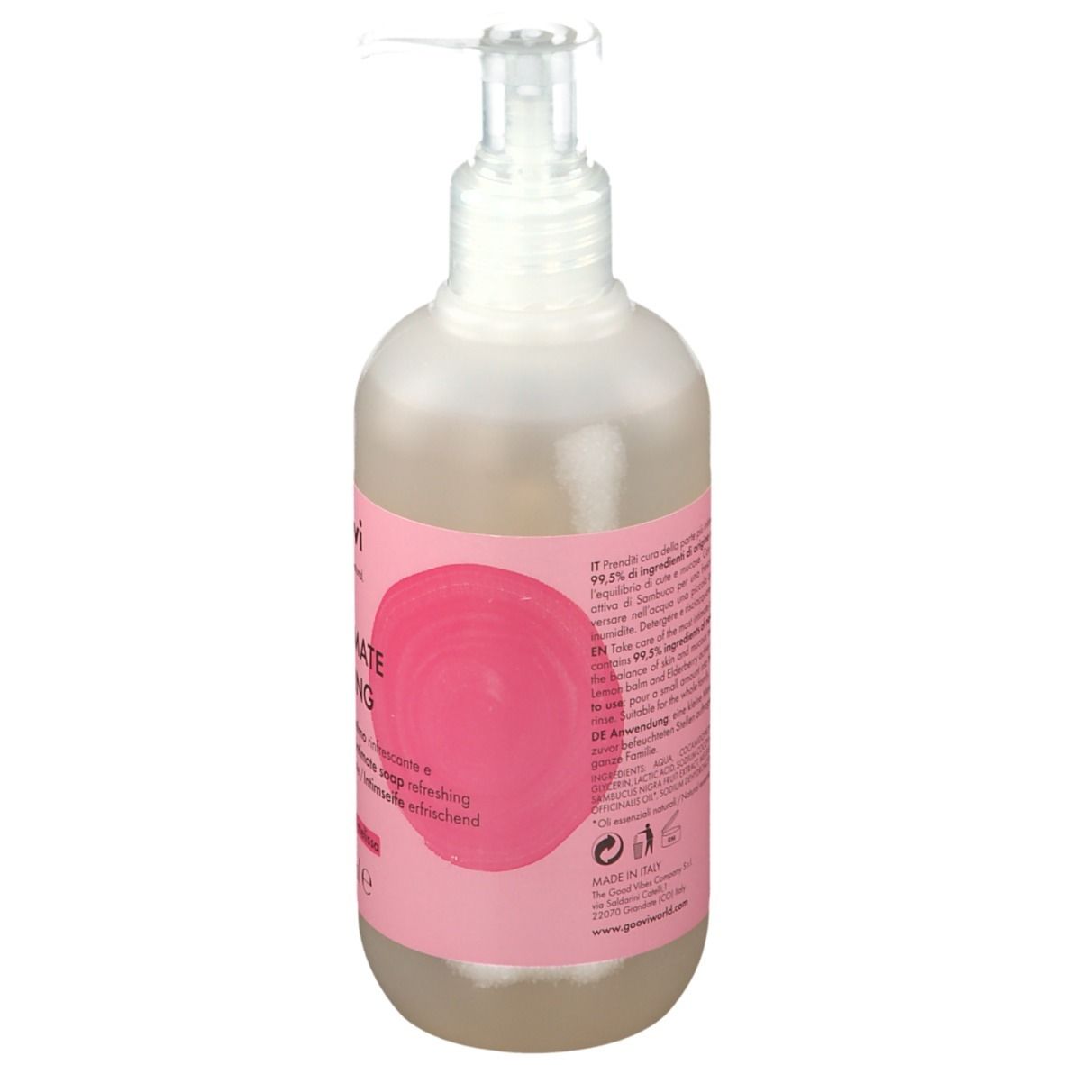 Flacone rotondo con dosatore. Retro con testo e ingredienti. Etichetta rosa con nome del prodotto. Marchio Goovi.