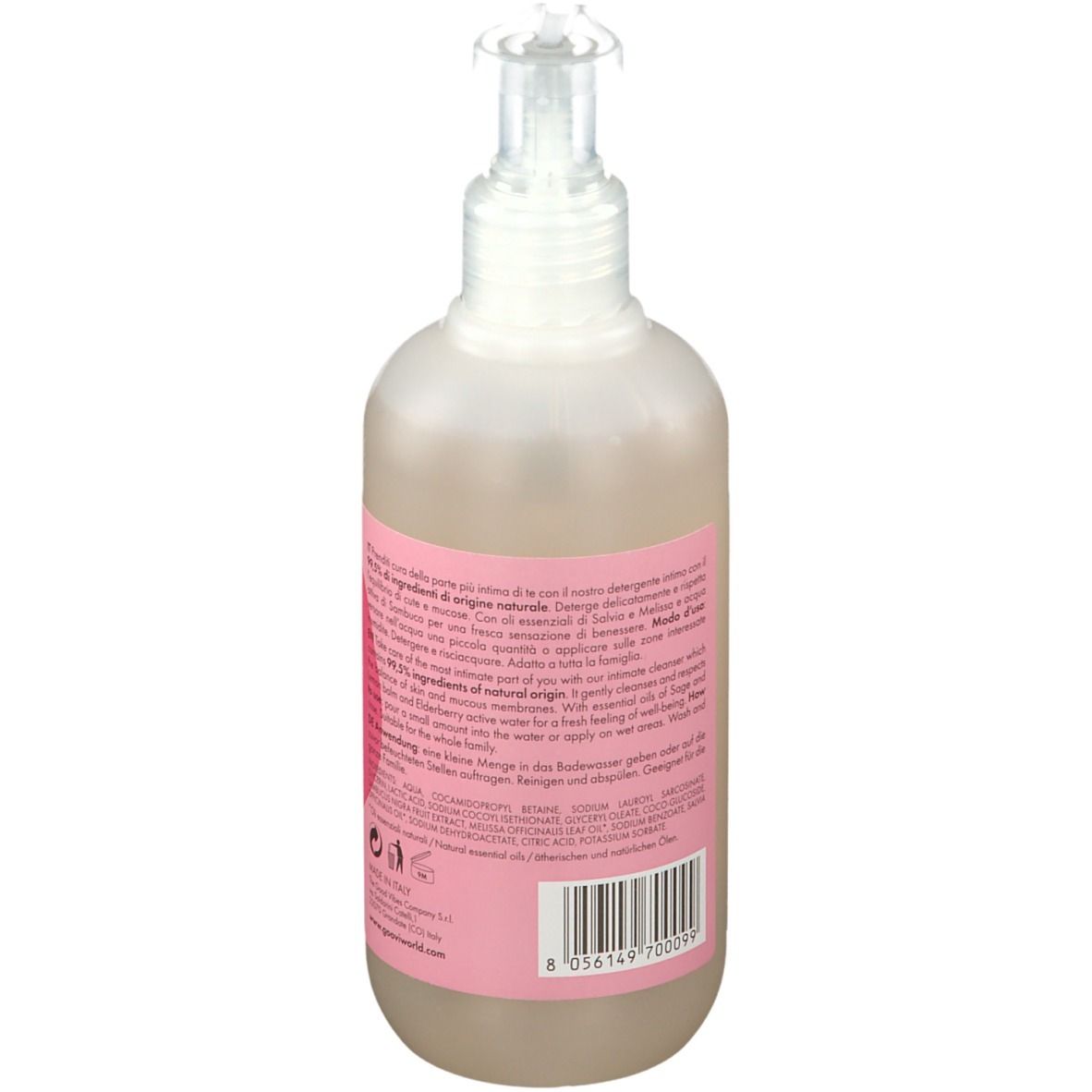 Flacone rotondo con dosatore. Retro con testo e ingredienti. Etichetta rosa con nome del prodotto. Marchio Goovi.