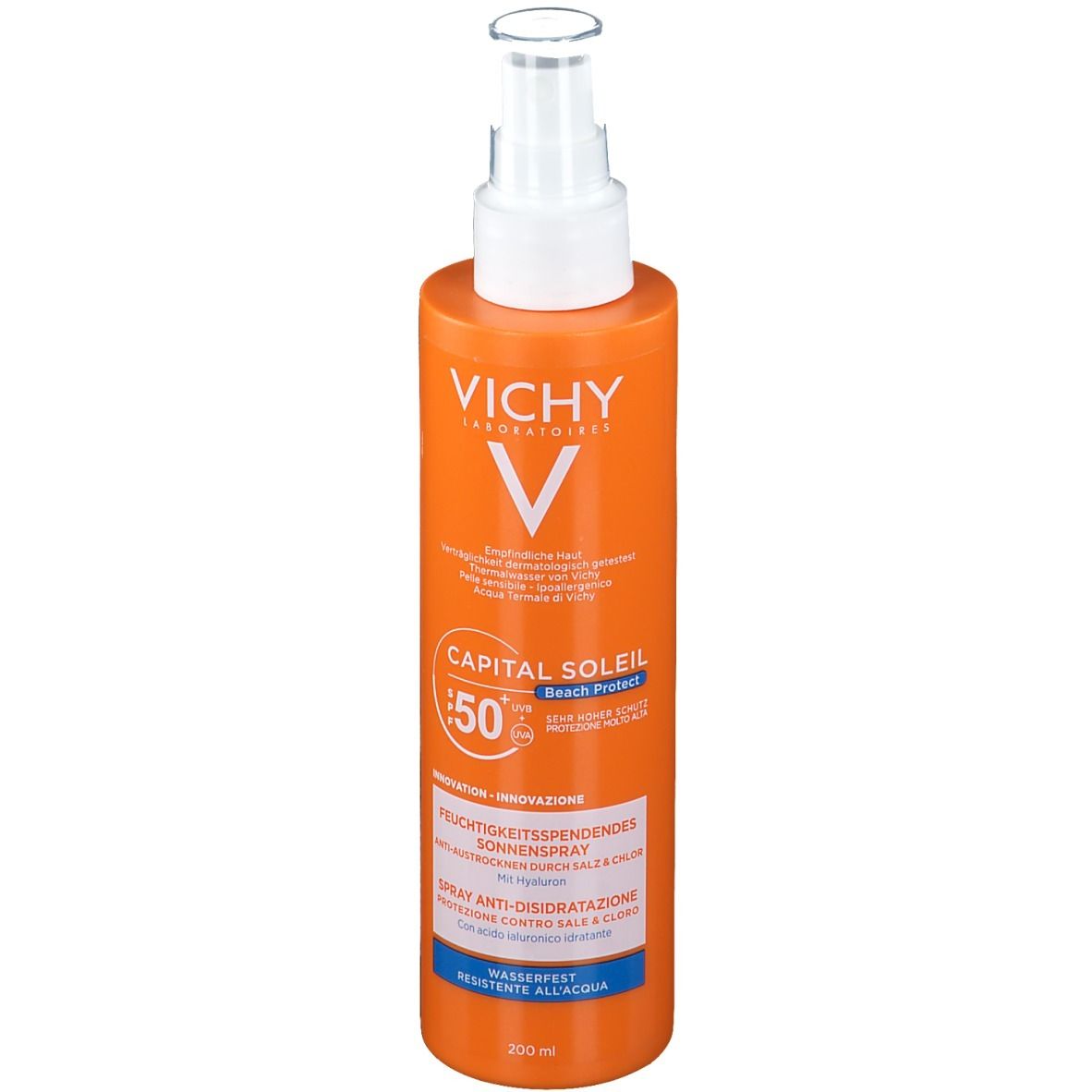 Flacone spray arancione con erogatore bianco. Scritta: VICHY, CAPITAL SOLEIL, SPF 50+. Testo: Spray solare idratante.