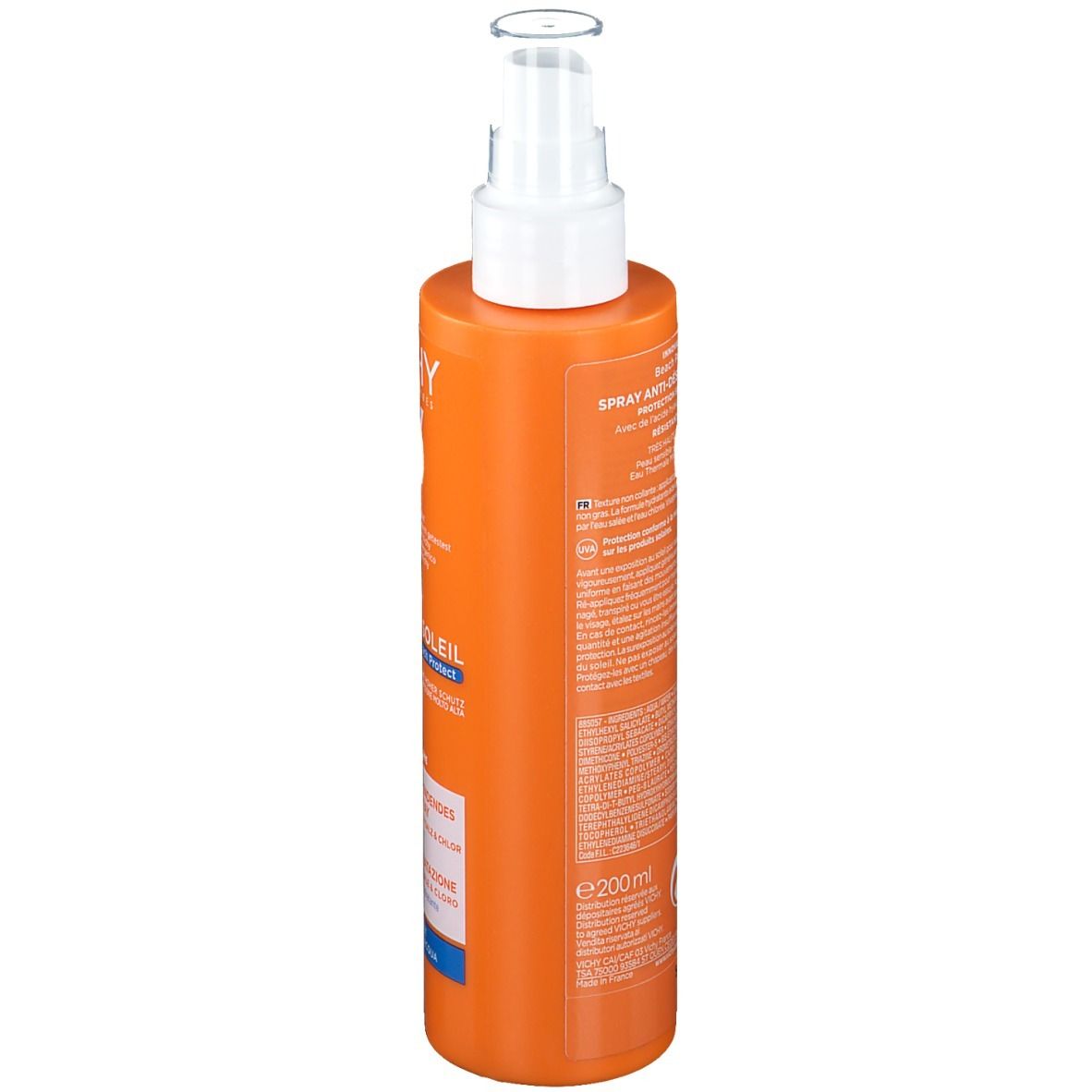 Flacone spray arancione con erogatore bianco. Scritte e testo sul retro. E200ml.