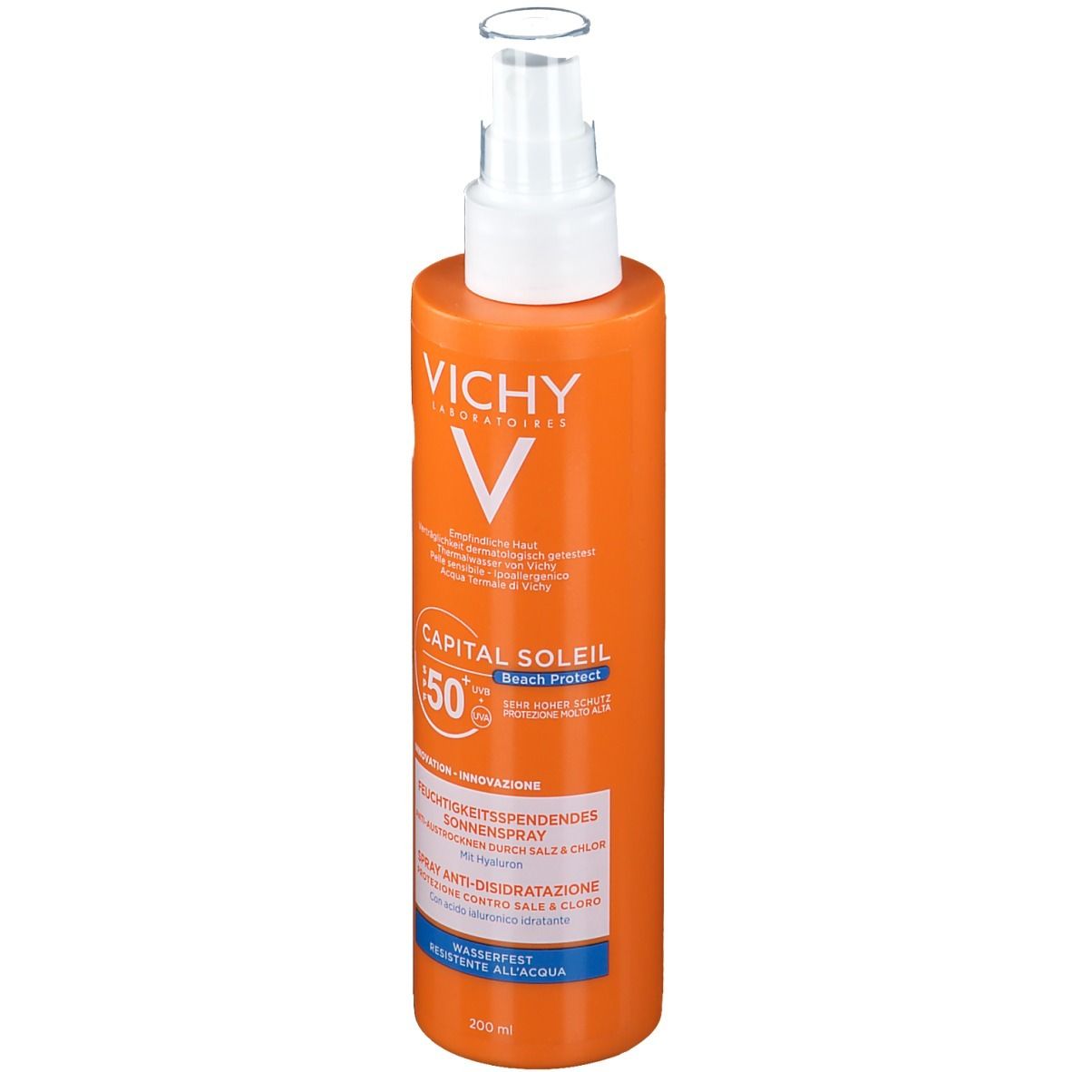 Flacone spray arancione con erogatore bianco. Scritta: VICHY, CAPITAL SOLEIL, SPF 50+. Testo: Spray solare idratante.