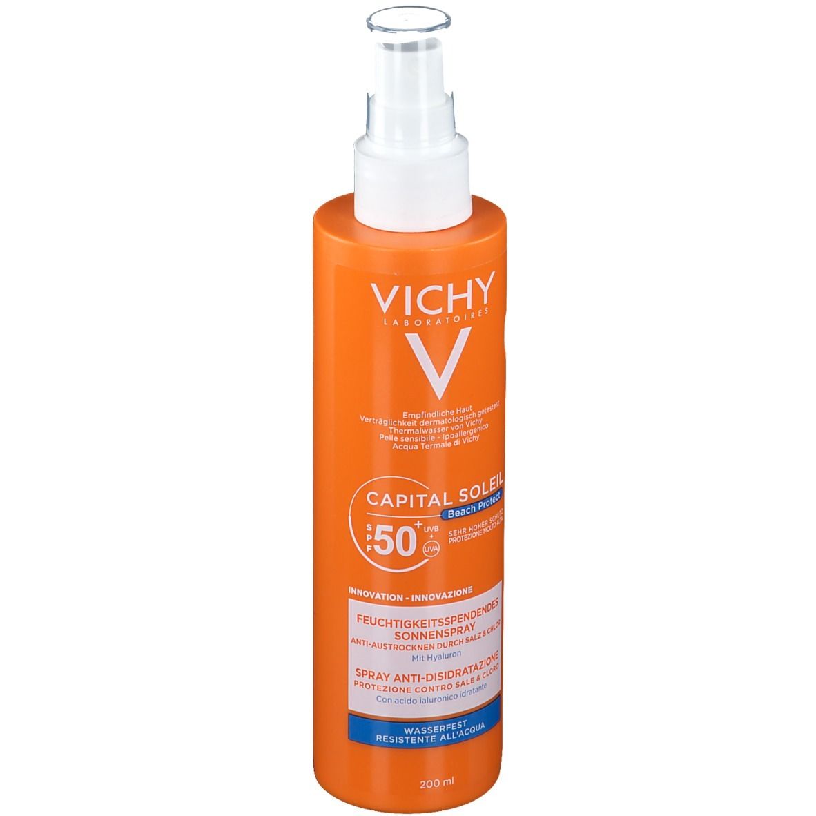 Flacone spray arancione con erogatore bianco. Scritta: VICHY, CAPITAL SOLEIL, SPF 50+. Testo: Spray solare idratante.