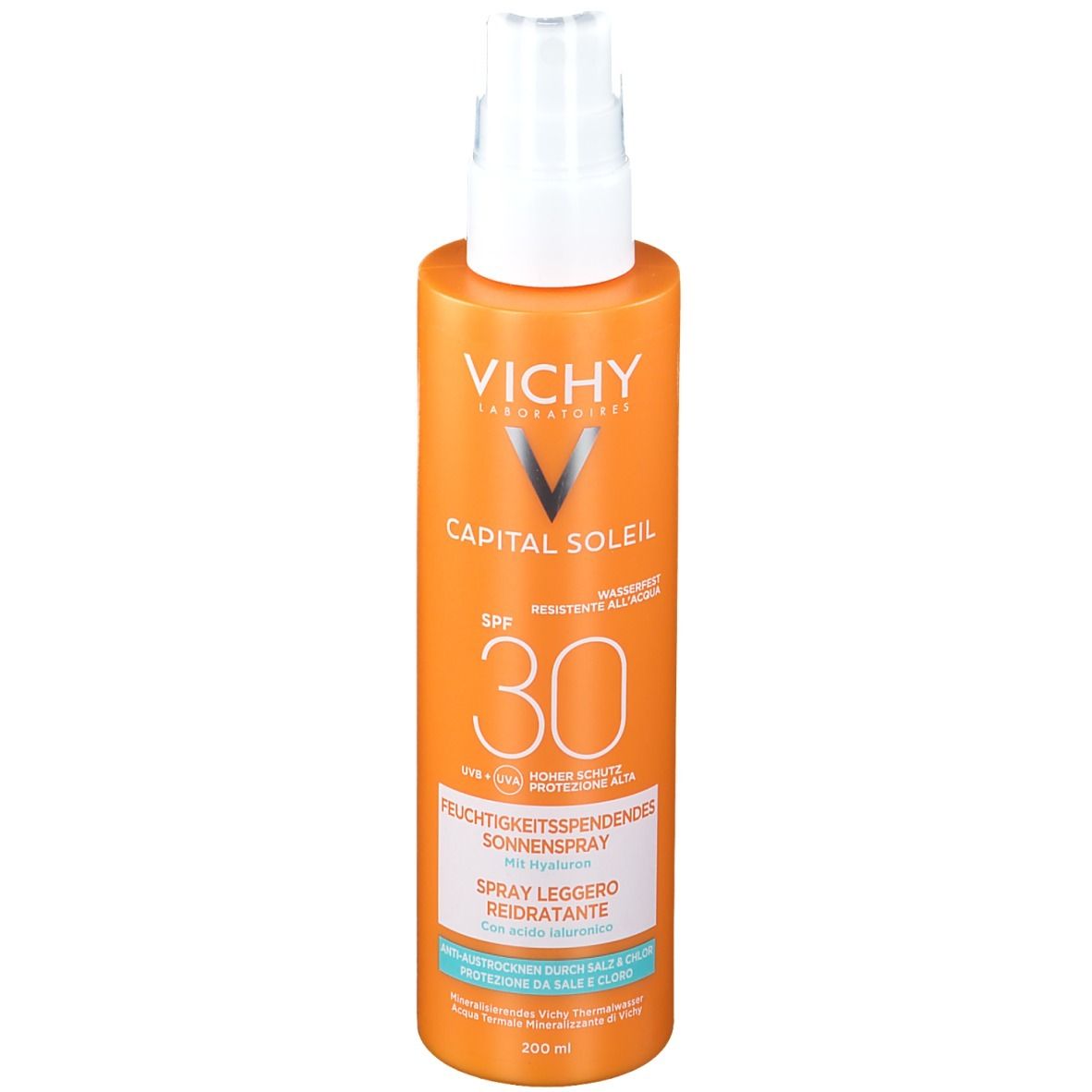 Vichy Capital Soleil Spray. Flacone arancione con erogatore bianco. SPF 30. Spray solare idratante.
